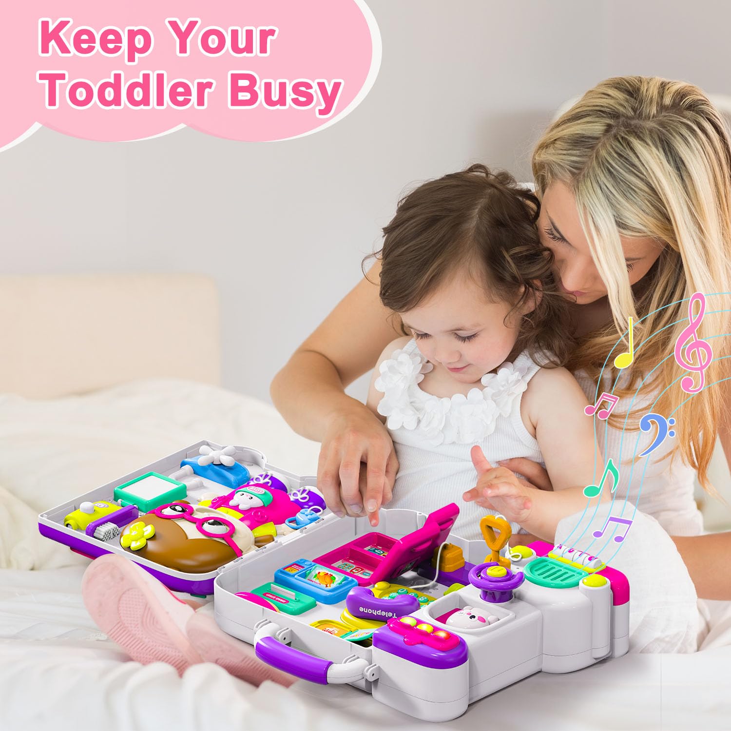 Montessori Busy Board for Toddlers 1-3 Years - Educational Fine Motor Skills Toy with Music for 12-18 Month Old Babies - Perfect Birthday Gift for 1+ Year Old Girls - Great for Preschool Learning & Travel Activities