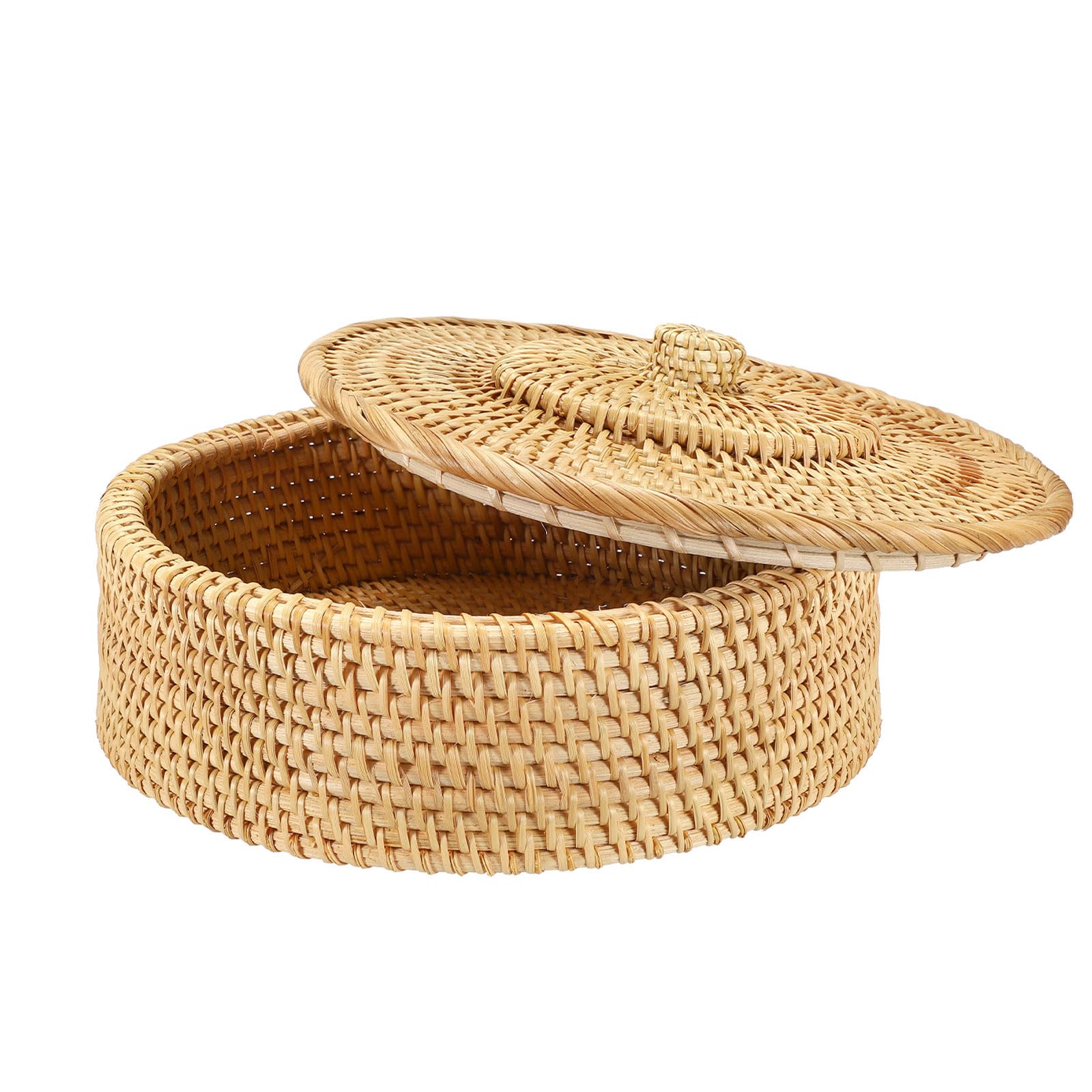 Round Rattan Basket with Lid - Small Wicker Storage for Home Decor