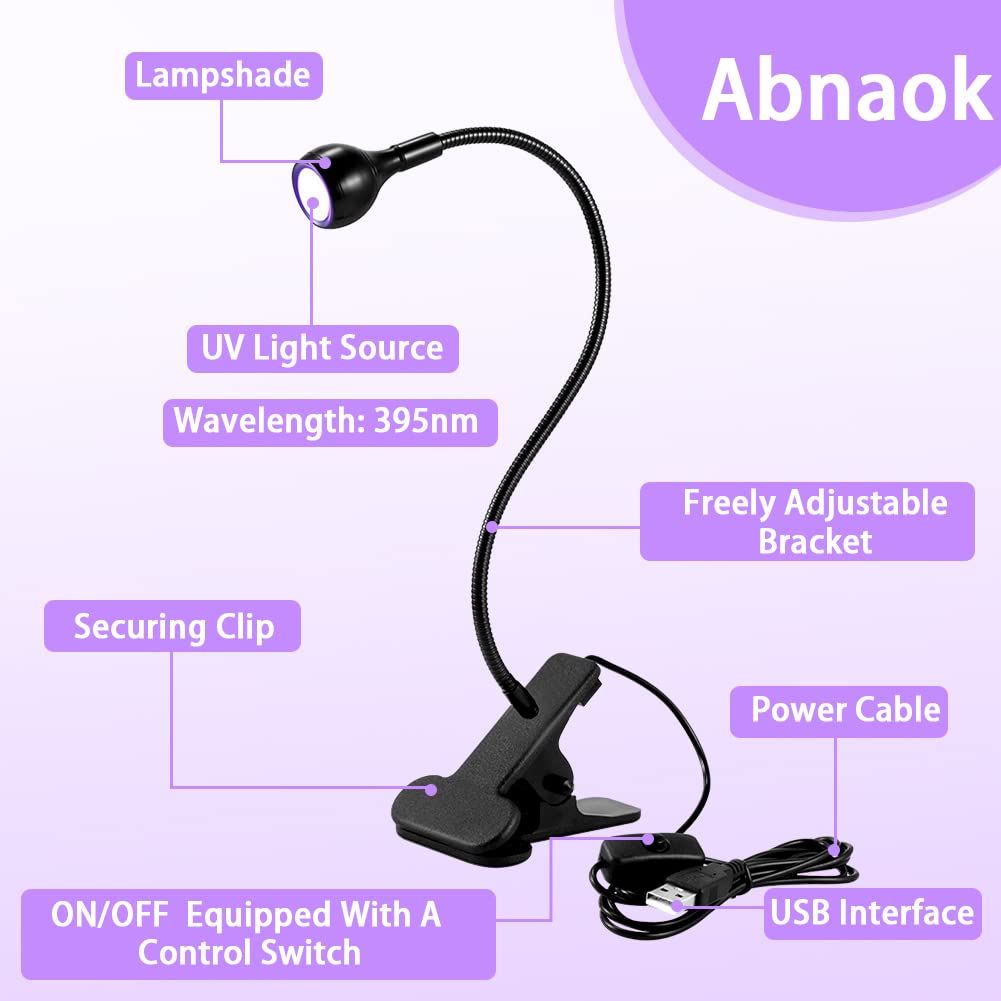 Abnaok USB 3W LED UV Ultraviolet Phone Glue Curing Lamp - Portable UV Nail Lamp for Gel Manicures & Phone Repair - Flexible Clamp Desk Light for Home, Salon & DIY Projects - Plug & Play Black