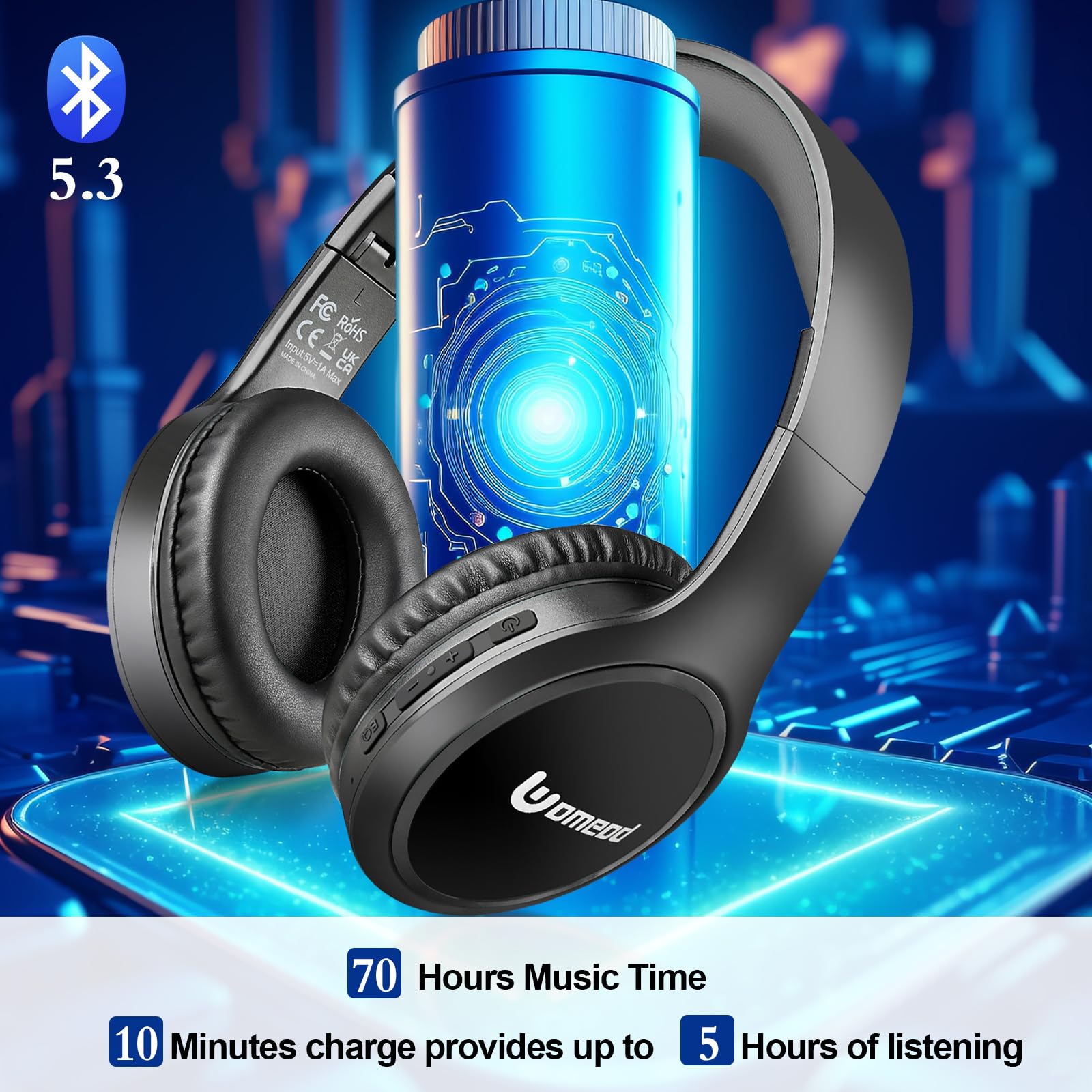 Wireless Bluetooth Over Ear Headphones with 70H Playtime, 3 EQ Modes & Built-in Mic - HiFi Stereo Sound, Deep Bass, Foldable & Lightweight Design for Home, Office, Travel, Gaming & Phone Calls