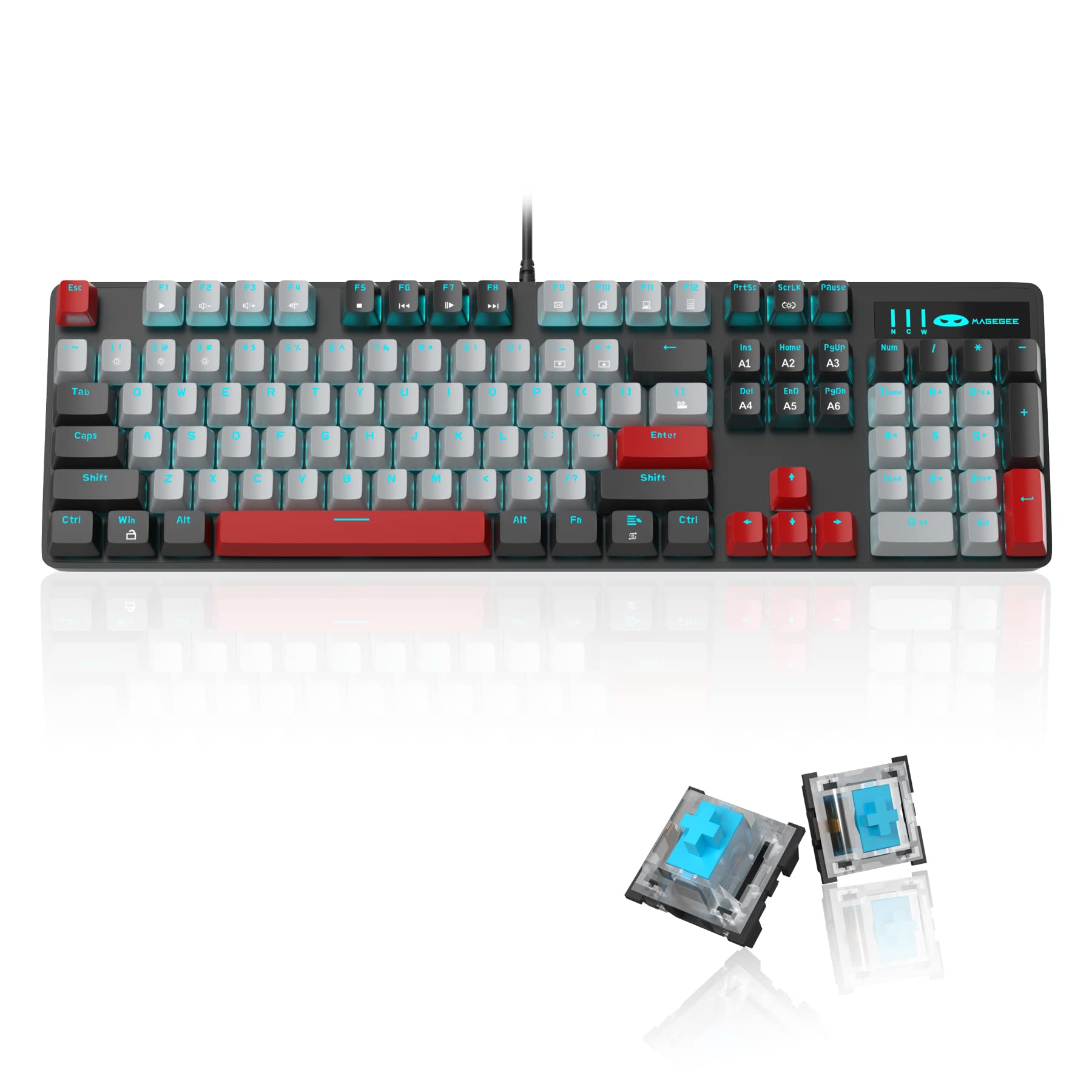 MageGee Mechanical Gaming Keyboard - 104 Key Blue Backlit USB Wired Keyboard with Blue Switches for PC, Laptop, Desktop | Perfect for Gaming, Typing & Office Work (Black & Gray)