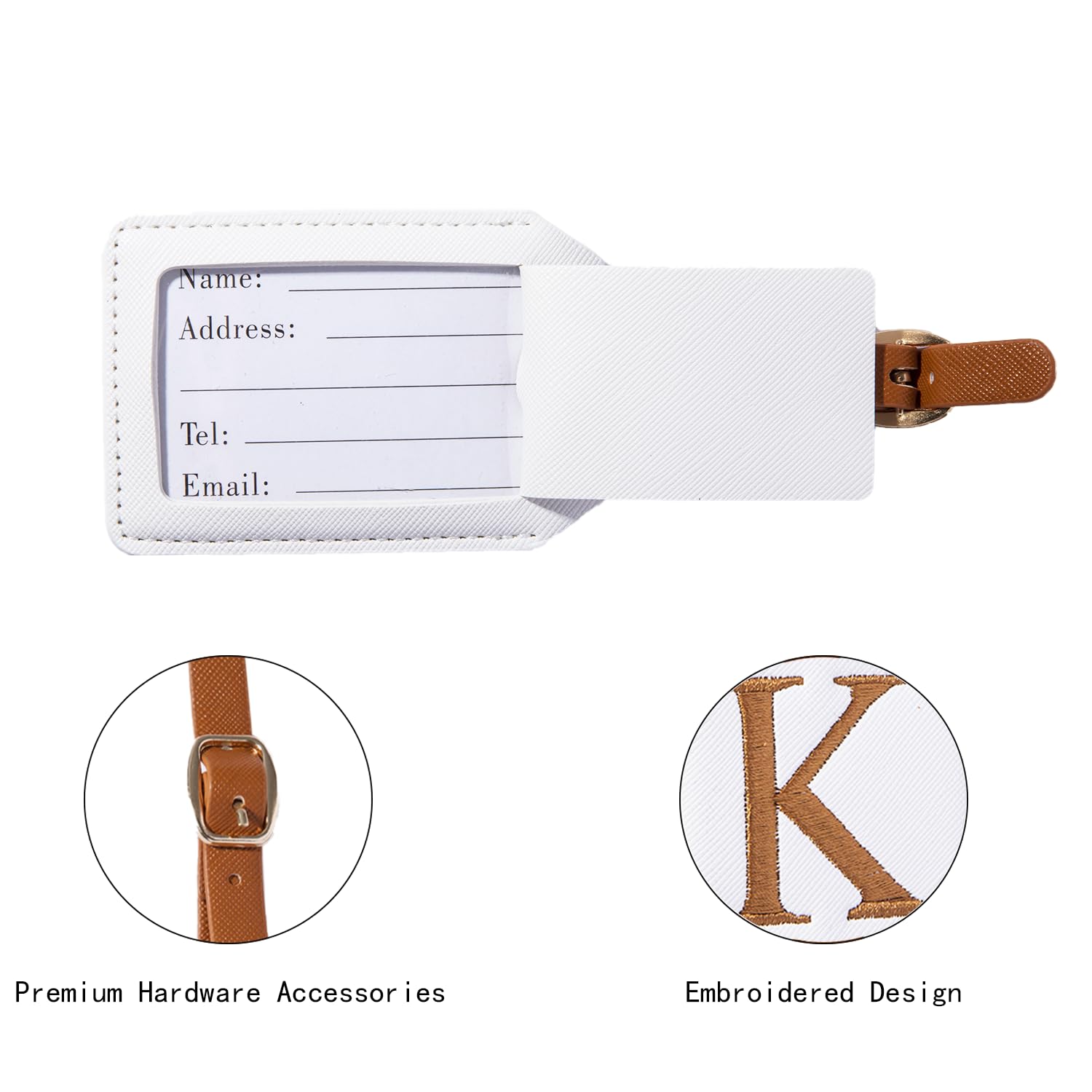 Personalized CHOIEO Monogrammed Luggage Tag - PU Leather Travel Baggage ID Tag with Letter Initial (White Leather + Brown Letter C) - Perfect for Suitcases, Backpacks & Travel Accessories Identification