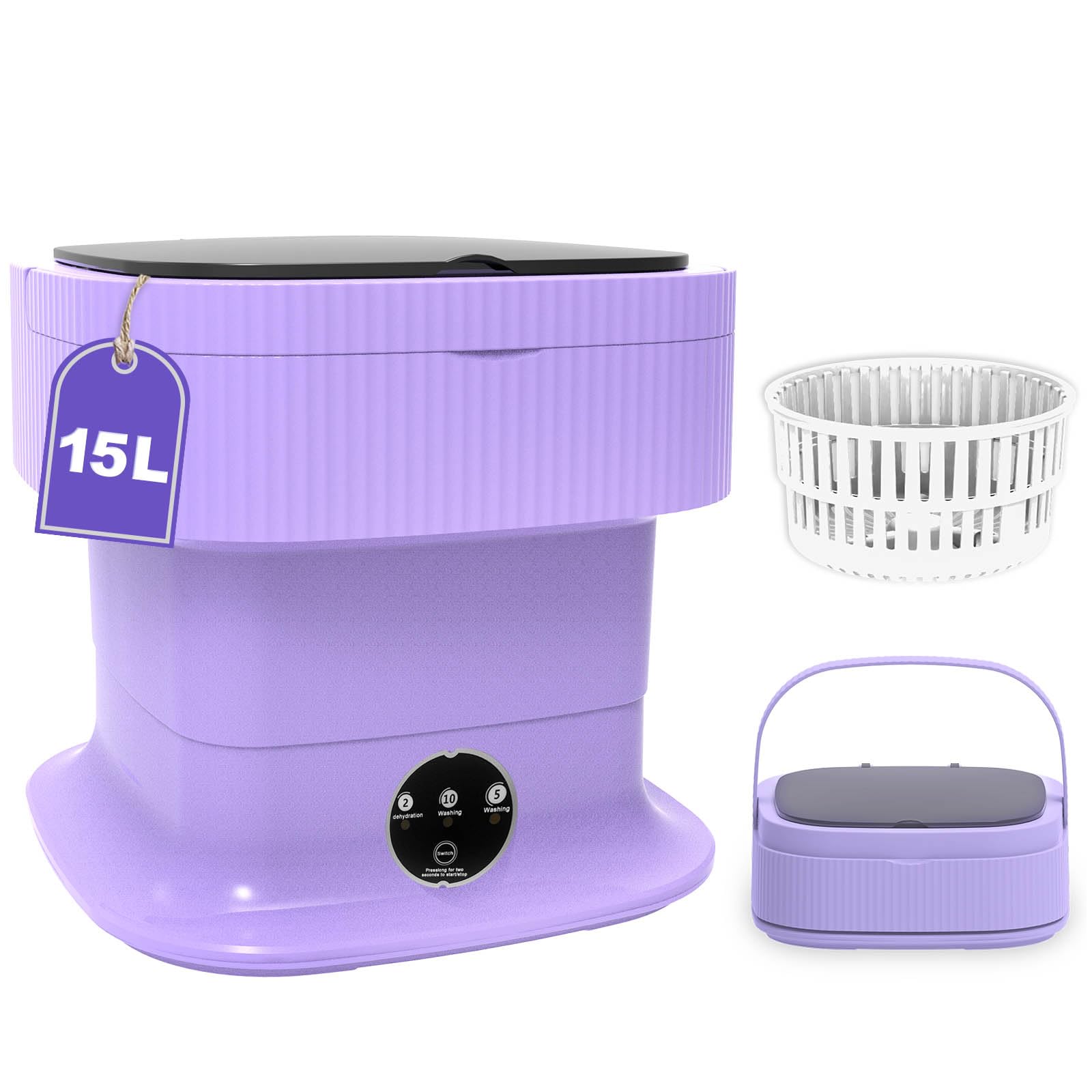 Portable Washing Machine 15L with Spin Dryer - Compact Foldable Mini Washer for Dorm, Apartment, RV & Travel - Perfect for Baby Clothes, Underwear & Socks - Space-Saving Purple Laundry Solution for Small Spaces & Camping