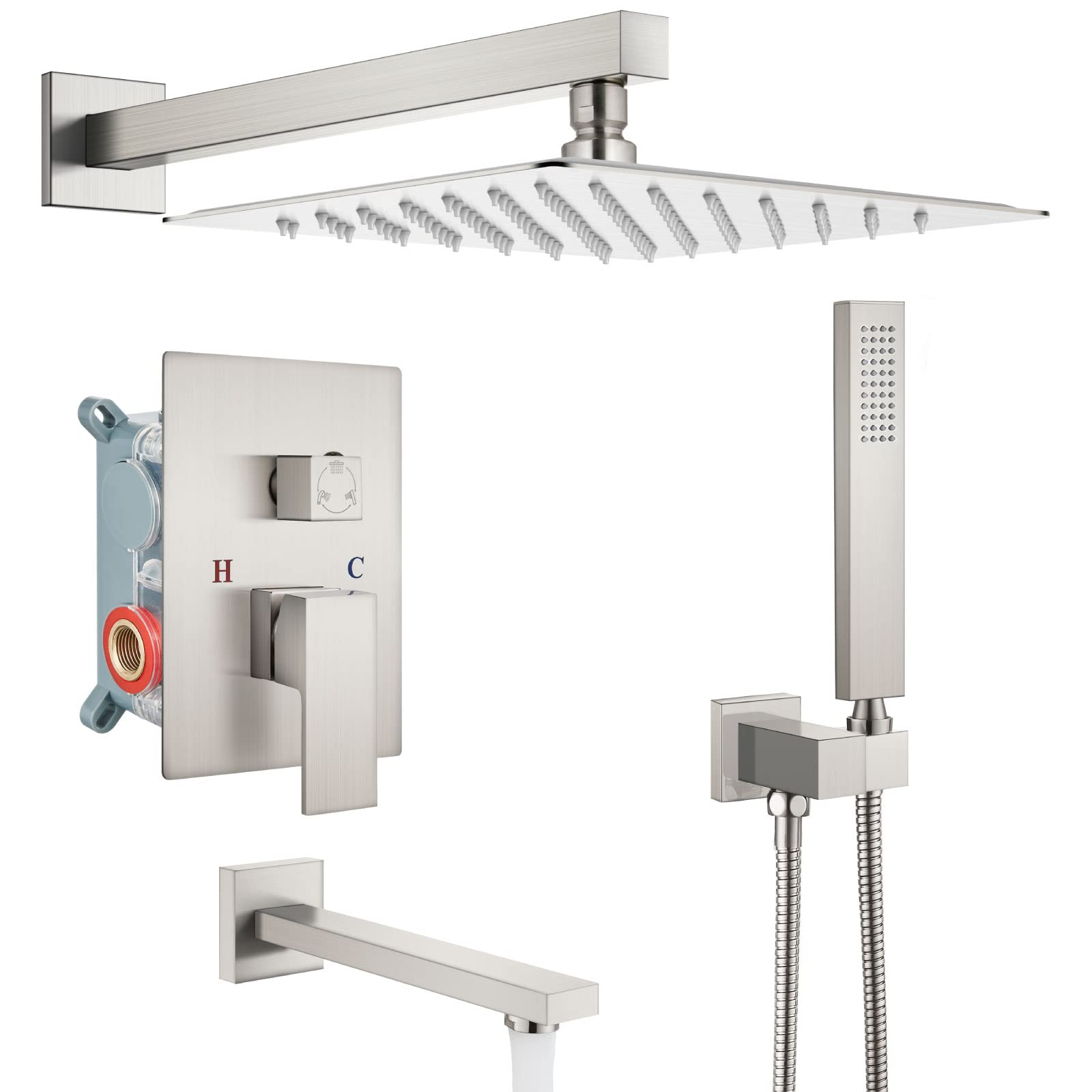 12 Inch Brushed Nickel Rainfall Shower System with Handheld Shower & Tub Filler - Luxury Bathroom Shower Combo Set Including Rough-in Valve - Perfect for Spa-Like Experience in Modern Master Bathrooms