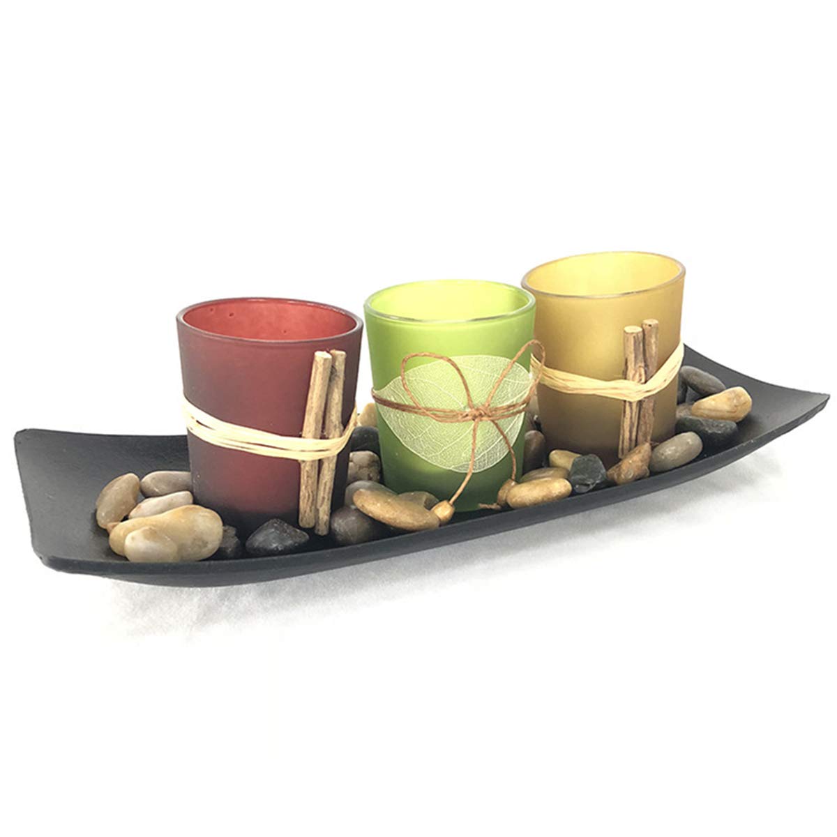 Yinuoday 3-Piece Glass Candle Holder Set with LED Lights, Decorative Stones & Tray - Elegant Wedding, Living Room, Dining Table Decor for Pillar Candles - Perfect for Romantic Dinners, Holiday Centerpieces & Home Ambiance Lighting