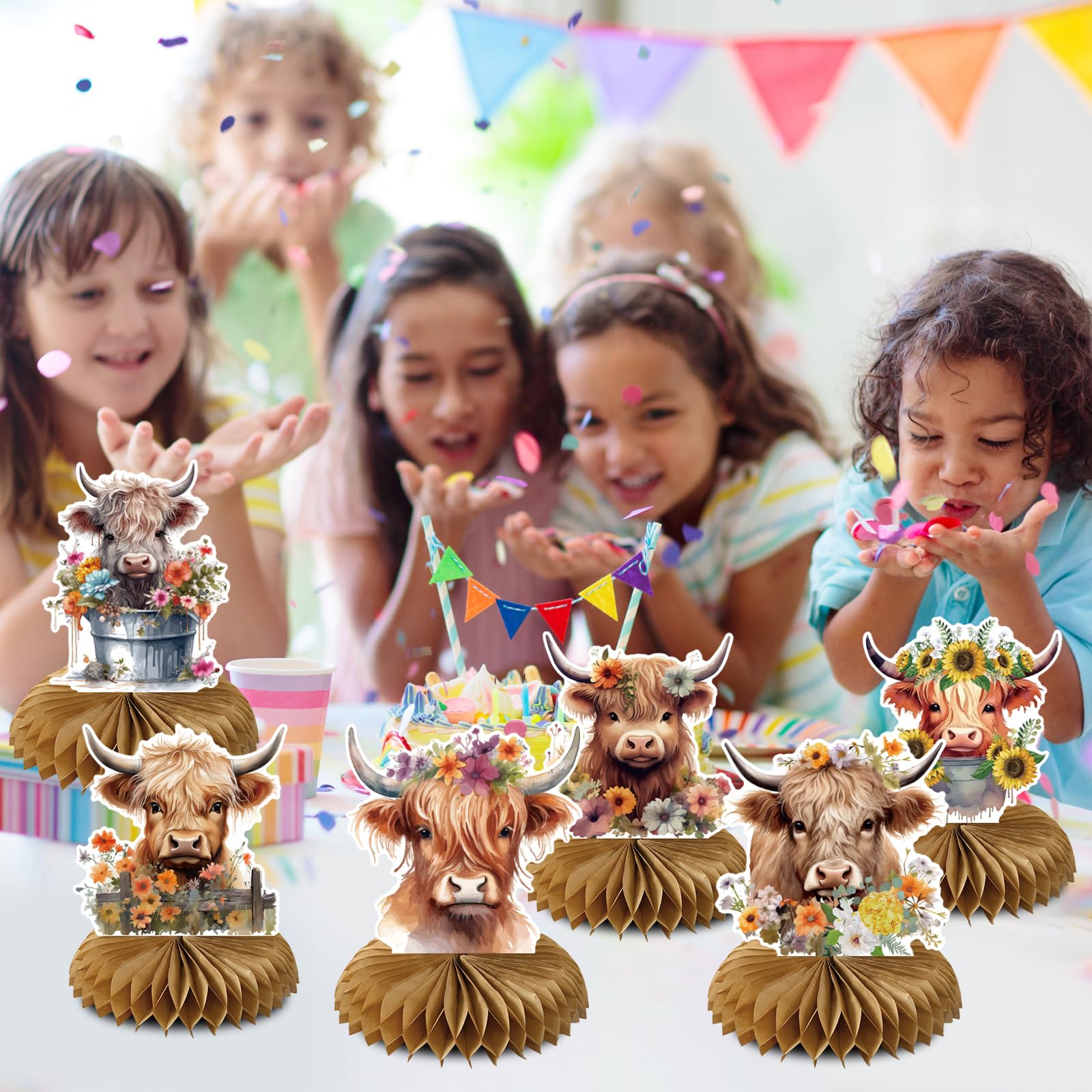 Highland Cow Party Decorations Set - Chic Brown Farm Animal Birthday & Baby Shower Table Centerpiece with Honeycomb Flowers | Perfect for Farm-Themed Parties, Rustic Weddings, and Nursery Decor