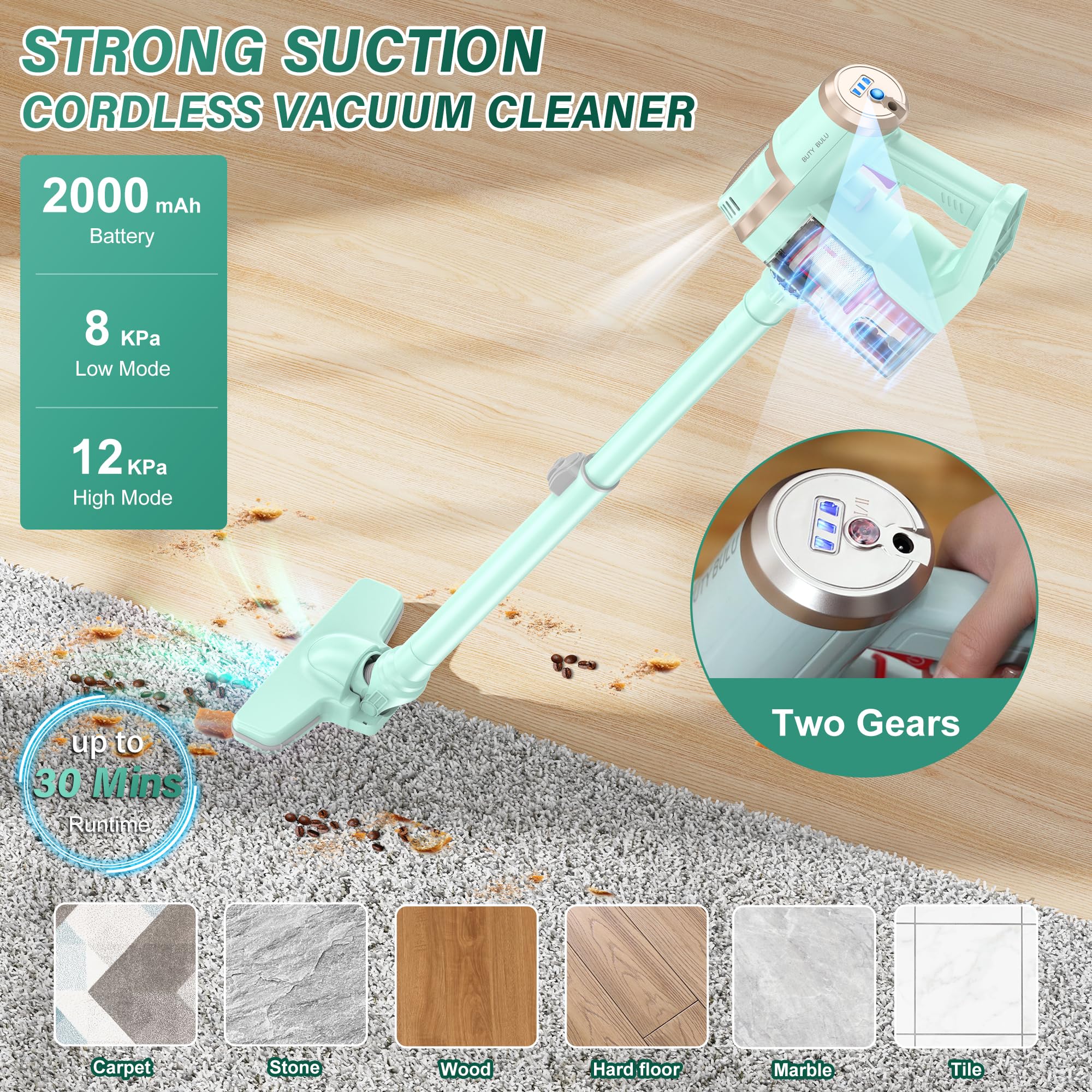 Lightweight Cordless Stick Vacuum Cleaner - 12KPa Suction for Hardwood Floors & Pet Hair | Home & Car Cleaning