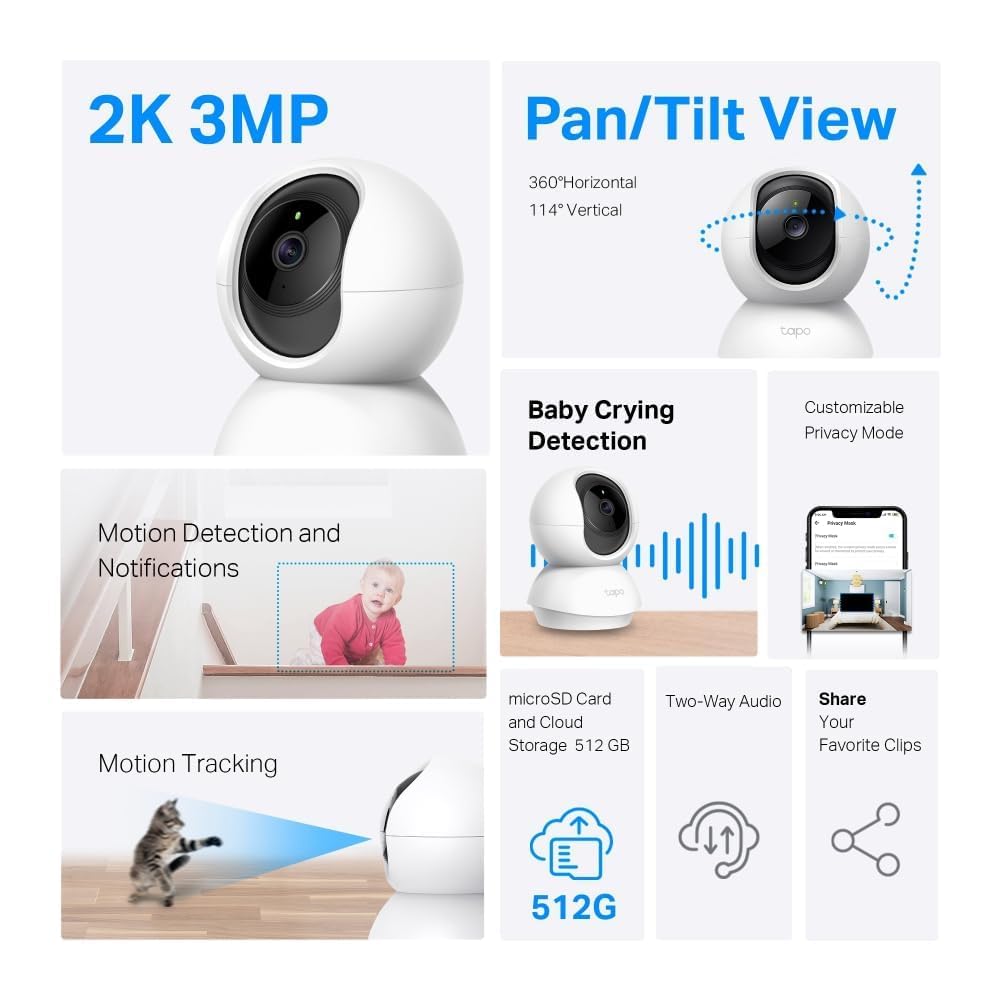 Tapo C210 2 Pack Pan/Tilt Indoor Security Camera - 2K 3MP WiFi Pet & Baby Monitor with AI Detection, 360° View, Night Vision, No Monthly Fee - Works with Alexa & Google Assistant for Home, Nursery & Pet Safety