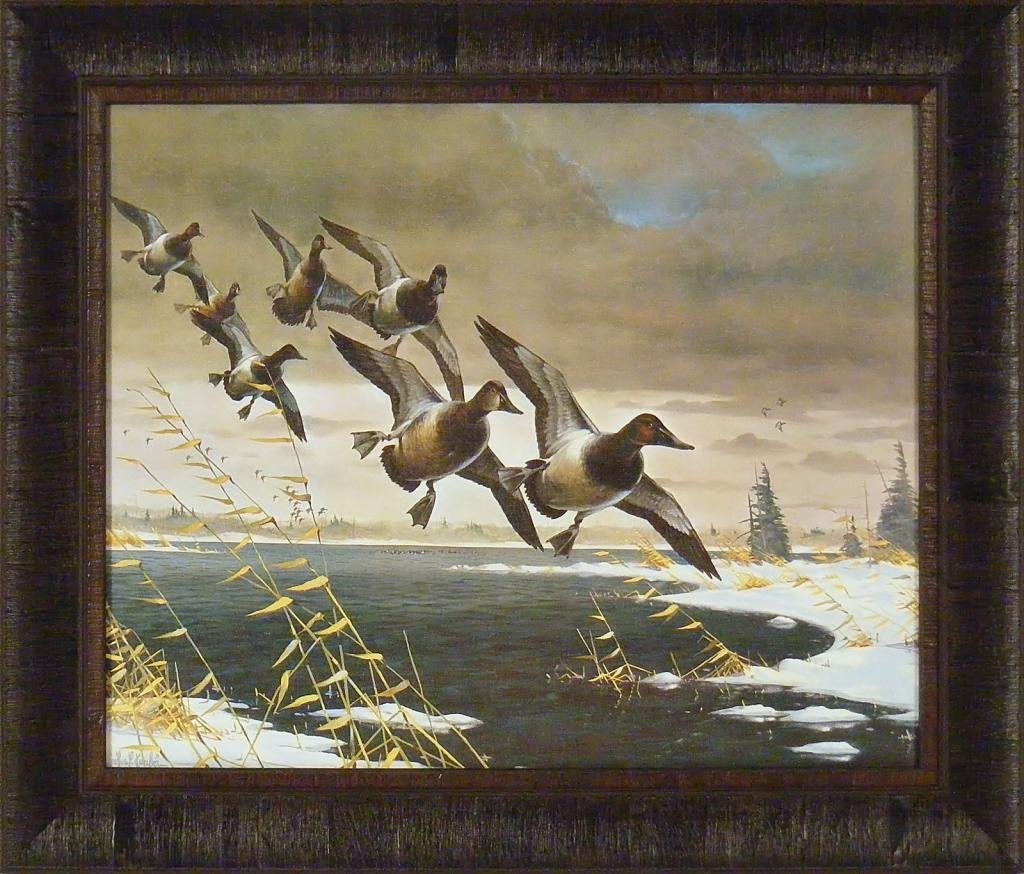 Les Kouba Framed Canvas Art Print - 20x24 Lake Snow Ducks Flying Wall Decor for Home & Cabin | Perfect for Living Room, Bedroom, or Office