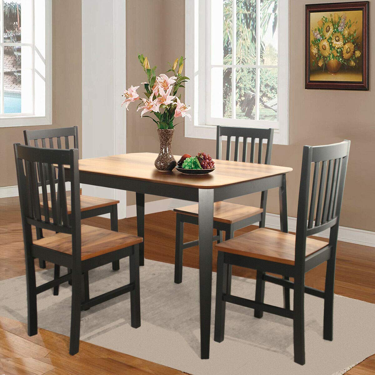 COSTWAY Set of 4 Dining Chairs - Solid Rubber Wood Armless Side Chairs with Slat Back, Black Base & Walnut Seat - Perfect for Home Kitchen, Dining Room, Breakfast Nook & Small Space Decor