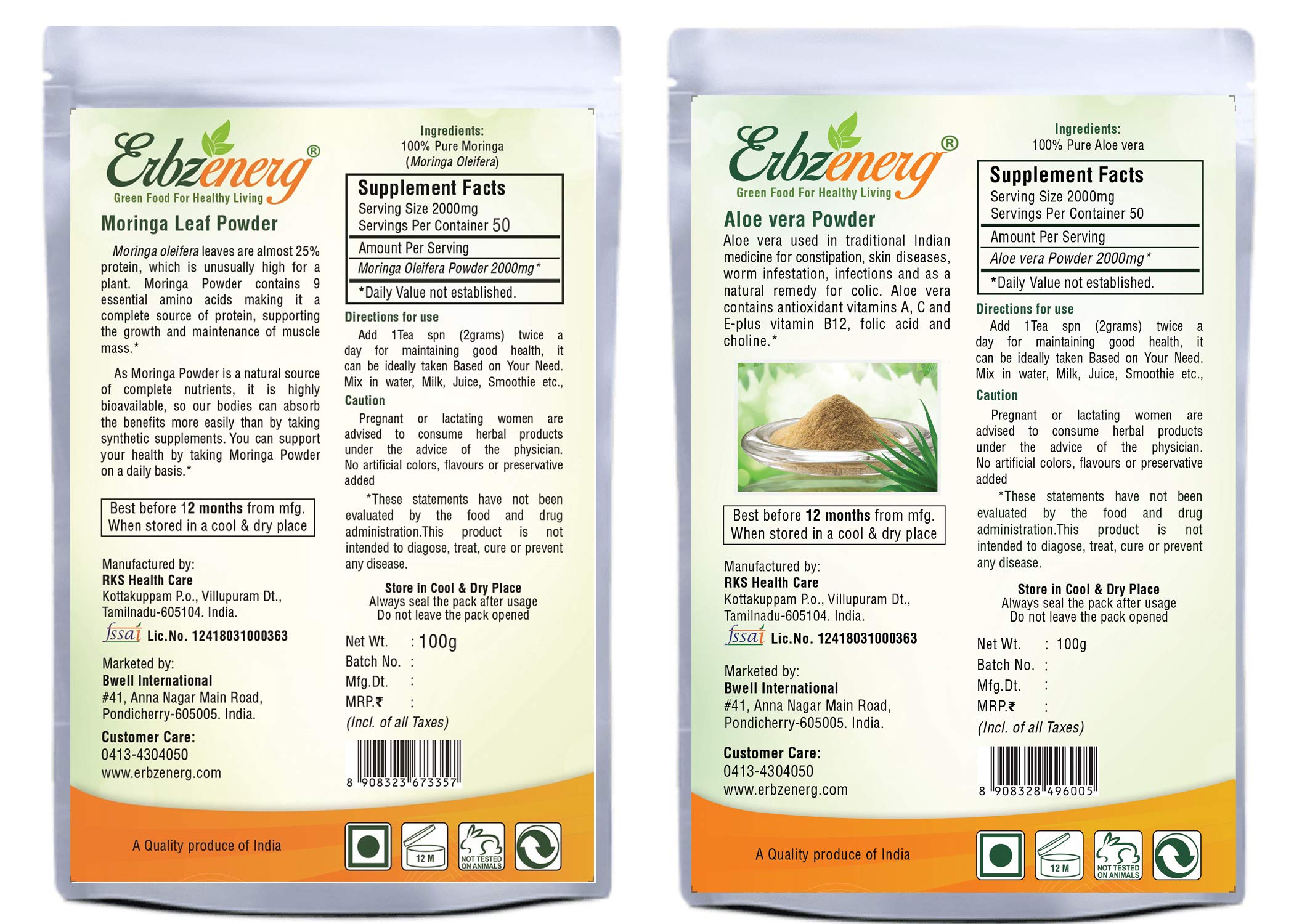 ERBZENERG® Organic Moringa Powder 100g & Aloe Vera Extract Powder 100g - Premium Superfood Supplement for Energy, Detox & Skin Health | Ideal for Smoothies, Teas & Wellness Routines