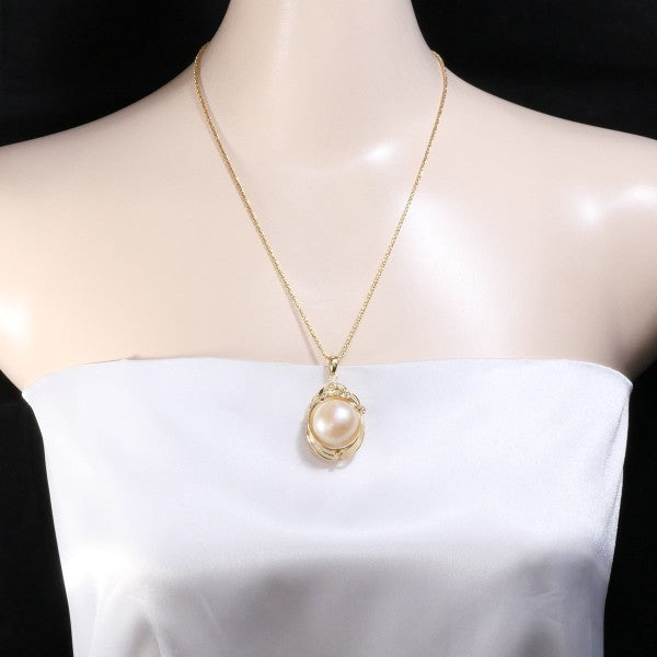 18K Yellow Gold Semi-Round Pearl and Diamond Necklace for Women - Elegant Bridal Jewelry, Anniversary Gift, Party Wear