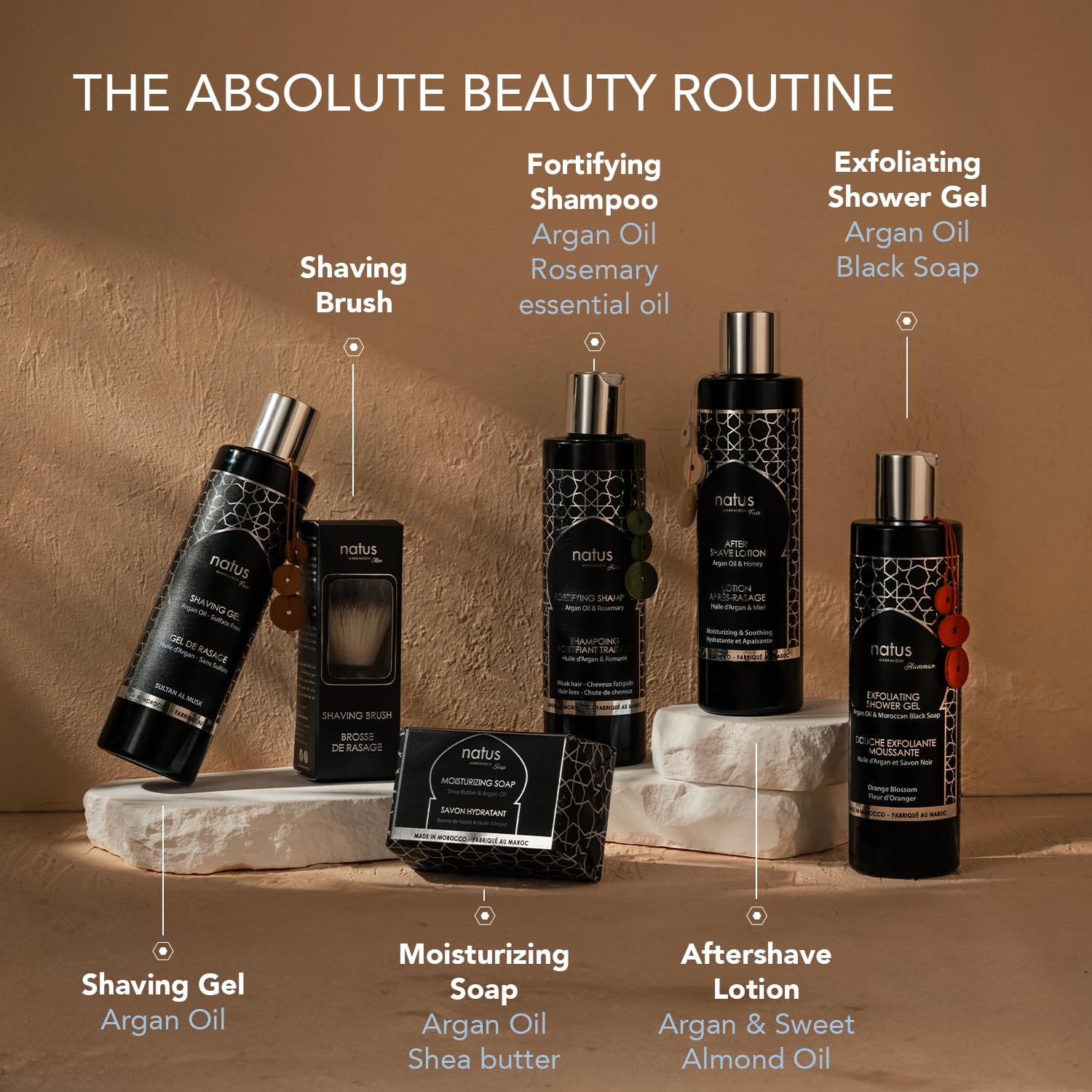 Premium Men's Grooming Kit with Argan Oil - Natural Vegan Soap, Shampoo, Shower Gel, Shaving Cream & Aftershave Balm Set for All Skin & Hair Types - Includes Handmade Brush - Perfect for Travel, Gifts & Daily Skincare Routine