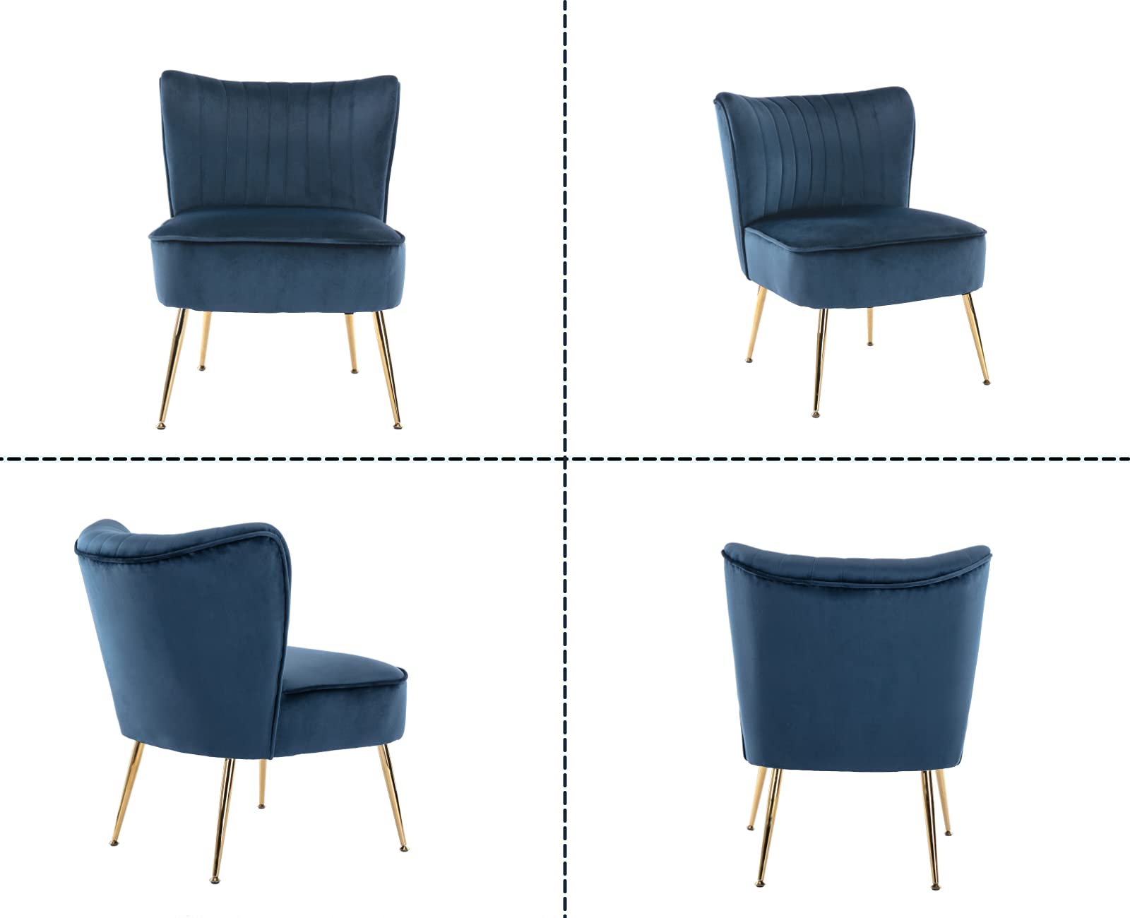Velvet Accent Chairs Set of 2 - Mid-Century Modern Upholstered Side Chairs with Golden Legs - Blue Slipper Chairs for Living Room, Guest Room & Corner Seating - Comfy Armless Wingback Sofa Chairs for Relaxing & Home Decor