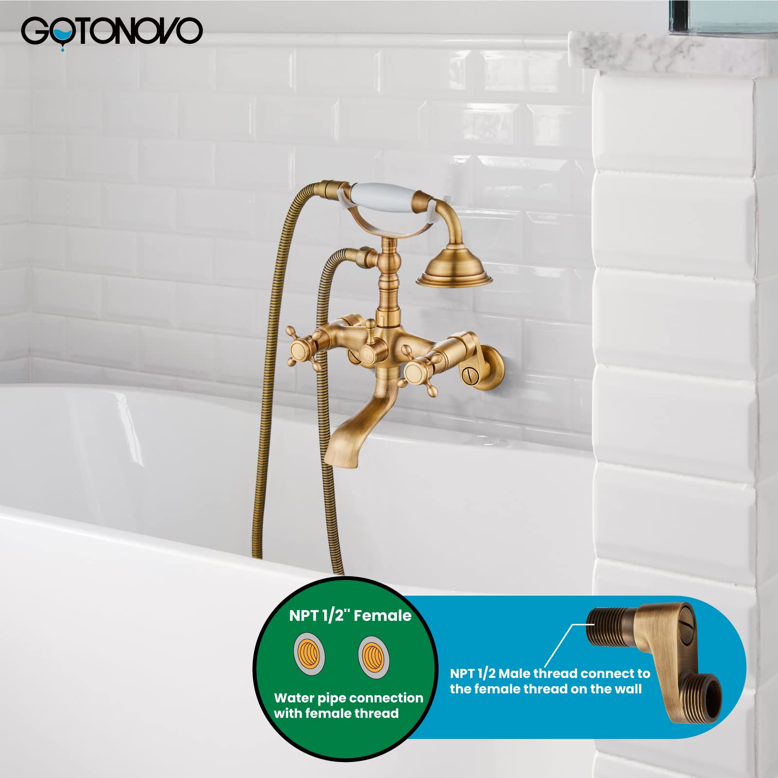 Gotonovo Victorian Clawfoot Bathtub Faucet Set - 6 Inch Center Adjustable Swing Arms, Handheld Shower & Double Cross Handle in Antique Brass - Perfect for Vintage Bathroom Renovations and Luxury Spa Experiences