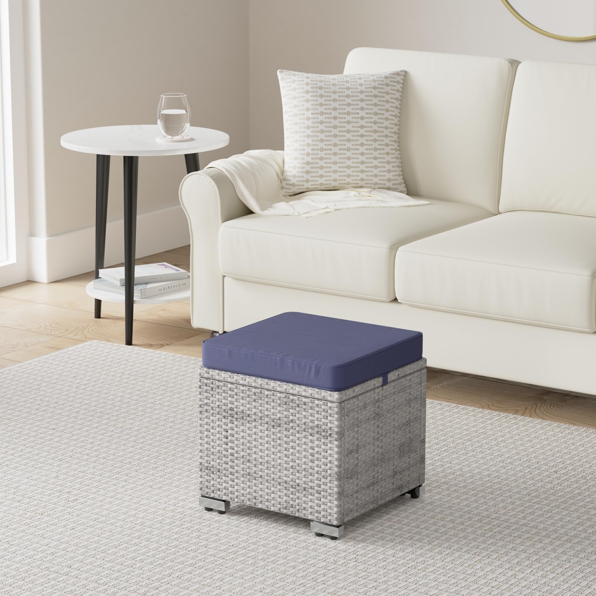Best Choice Products Set of 2 Wicker Storage Ottomans - Gray/Navy, Multipurpose Outdoor Furniture for Patio, Backyard, Garden | Extra Seating, Footrest, Side Table with Removable Cushions | Perfect for Outdoor Relaxation, Entertaining Guests & Small Space Storage