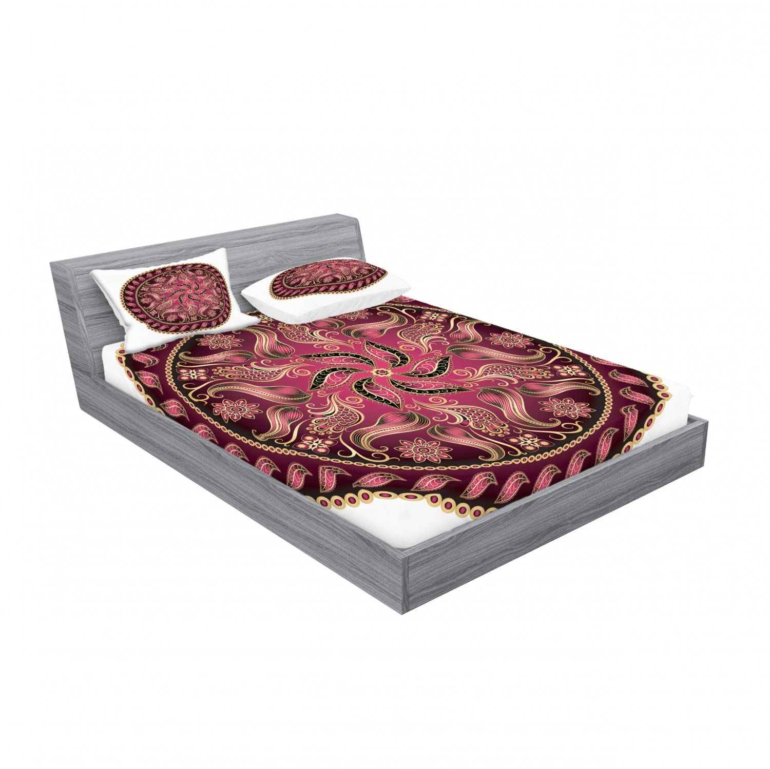 Ambesonne Ethnic 2-Piece Queen Size Fitted Sheet Set with 4 Pillow Shams - Red Mandala Pattern Bohemian Bedding Decor in Vibrant Magenta & Yellow | Perfect for Guest Rooms, Dorm Decor, and Boho Chic Bedroom Makeovers