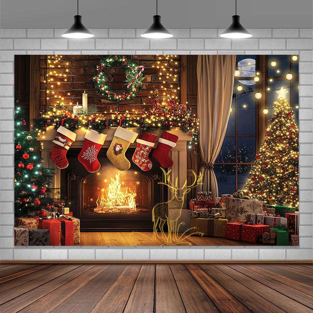 10x8ft Christmas Fireplace Backdrop with Deer, Winter Snow Scene - Xmas Tree, Stockings & Holiday Decor for Photography, Party Photo Booth, Kids Birthday, New Year Celebrations and Festive Home Decor