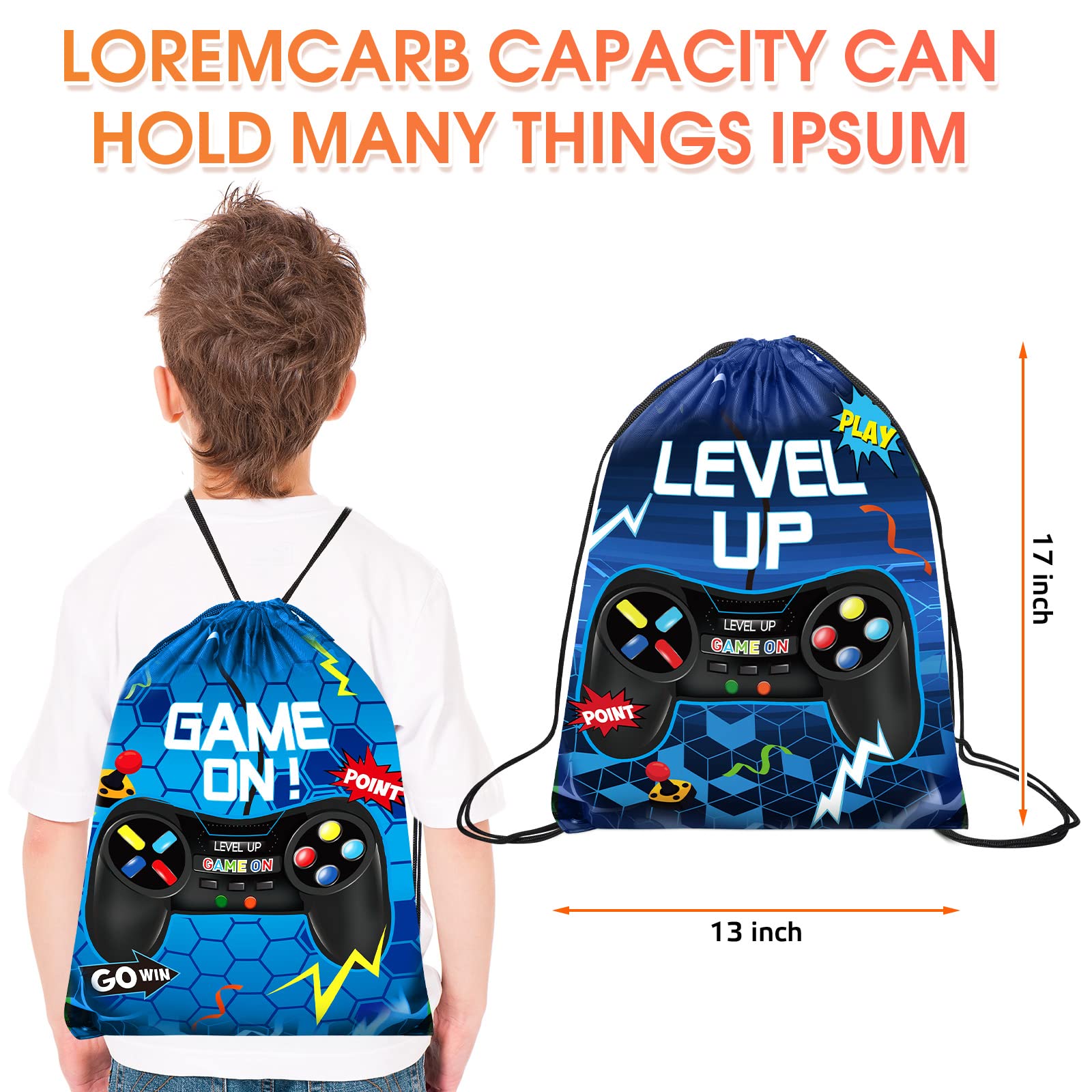 10 Pack Blue Video Game Drawstring Favor Bags 17x13 Inch - Perfect for Birthday Parties, Loot Bags, and Gaming Themed Events