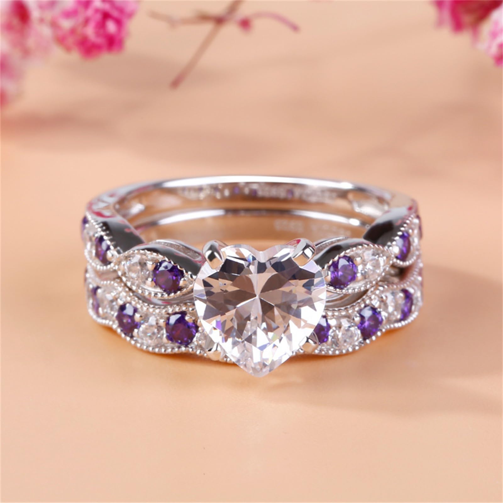 Jeulia 3 Carat CZ Solitaire Engagement Ring Set - Halo Milgrain Heart Cut Sterling Silver Wedding Band for Women | Perfect for Proposals, Anniversaries & Bridal Jewelry Gifts