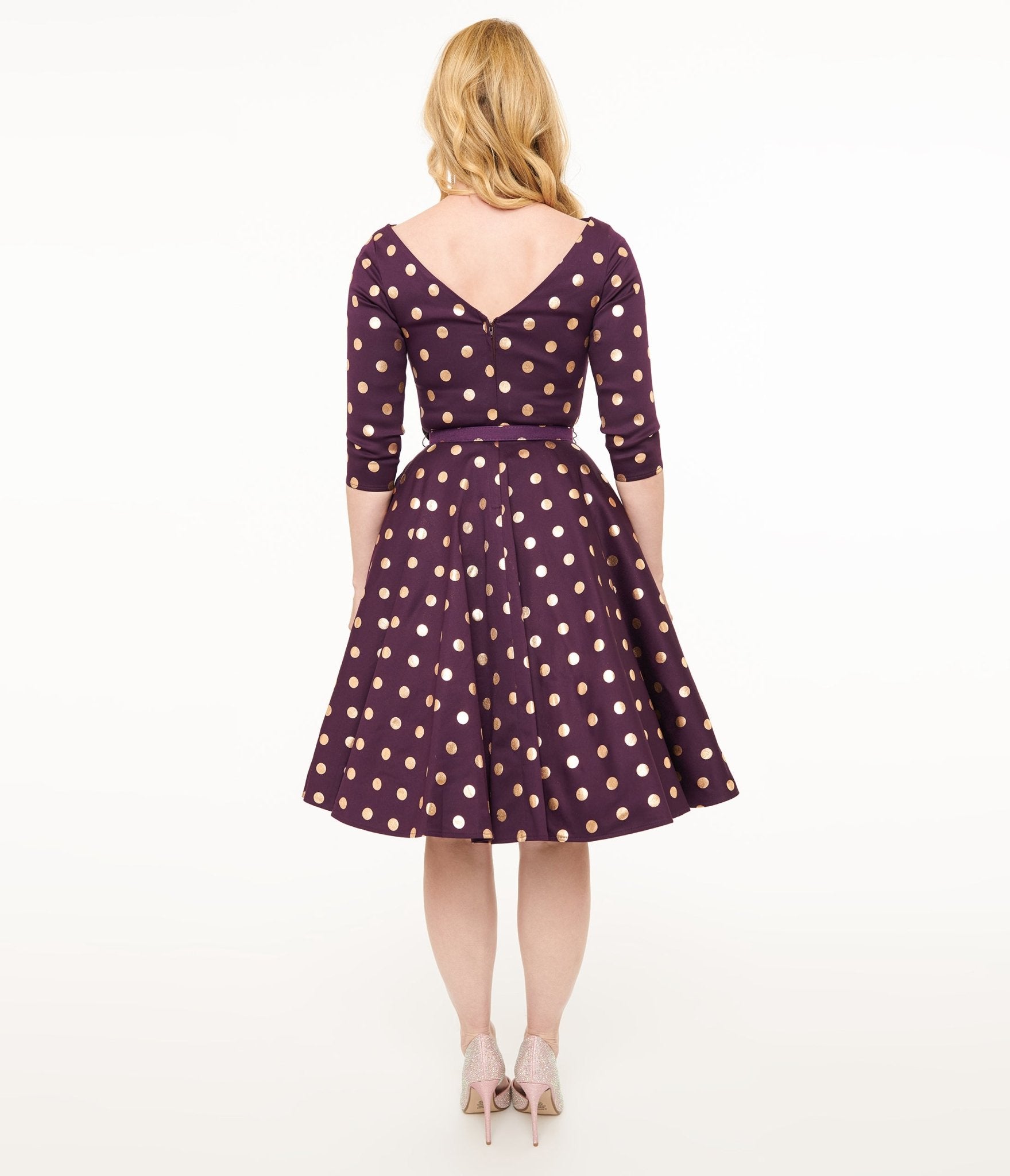 Vintage 1950s Eggplant Rose Foil Polka Dot Swing Dress - Retro 50s Style Devon Dress for Women, Perfect for Cocktail Parties, Vintage Weddings & Special Occasions