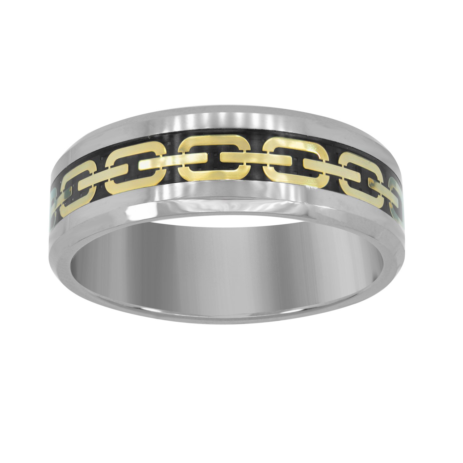 Tungsten Gold-Toned Men's Wedding Band with Chain Link Inlay & Beveled Edges - Comfort-Fit 8mm Ring Sizes 7-14 - Perfect for Weddings, Anniversaries & Special Occasions