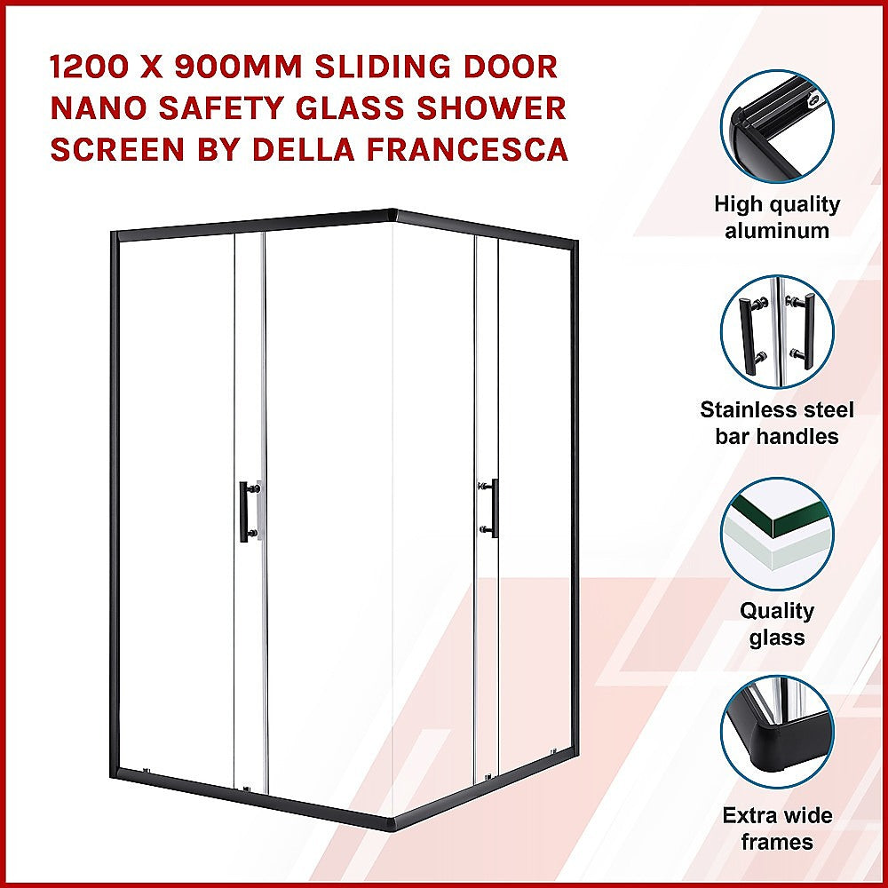 1200 x 900mm Sliding Door Nano Safety Glass Shower Screen by Della Francesca - Tempered Glass Bathroom Enclosure for Modern Homes, Hotels & Spas