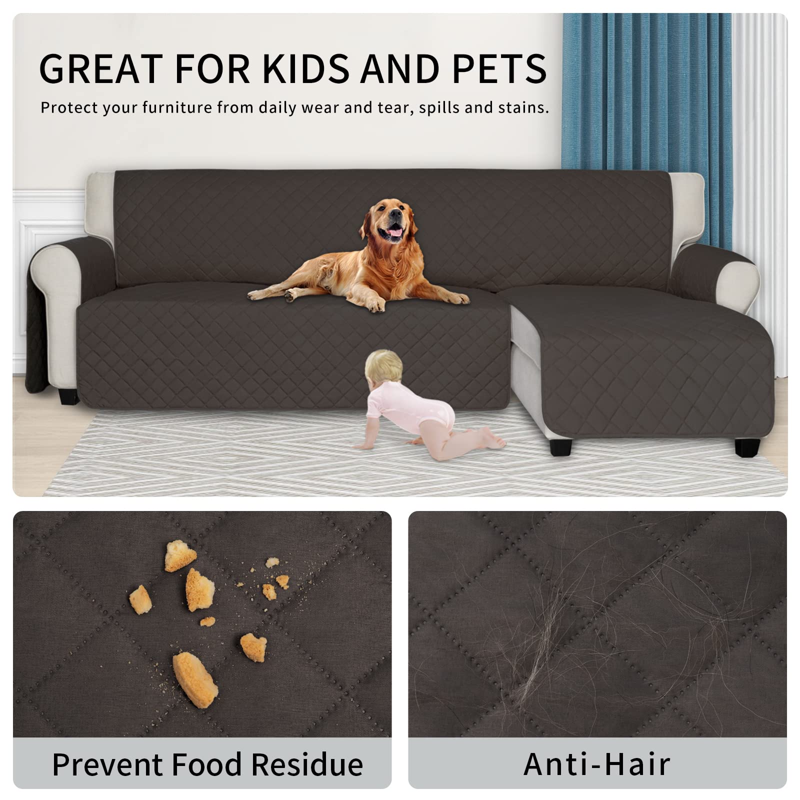 ISSUNTEX Reversible L-Shaped Sectional Couch Cover for Dogs & Pets - Water Resistant Sofa Protector for Chaise Lounge, Furniture Protector for Kids & Pets (X-Large, Chocolate/Chocolate) - Perfect for Pet Owners & Family Homes with Active Lifestyles