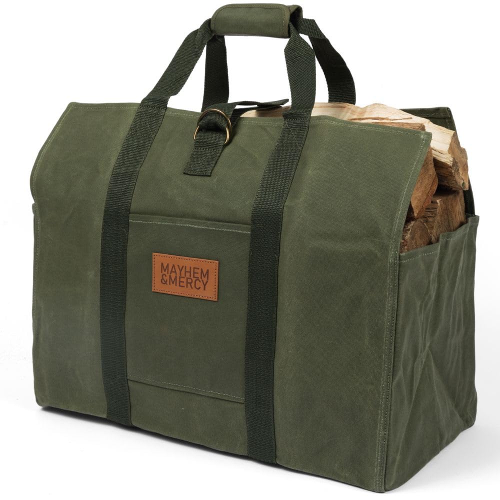 MAYHEM & MERCY Waxed Canvas Tote Bag - Durable Firewood Carrier for Camping & Fireplace - Hunter Green Wood Log Storage Bag - Perfect for Outdoor Adventures, Fireplace Use & Home Decor