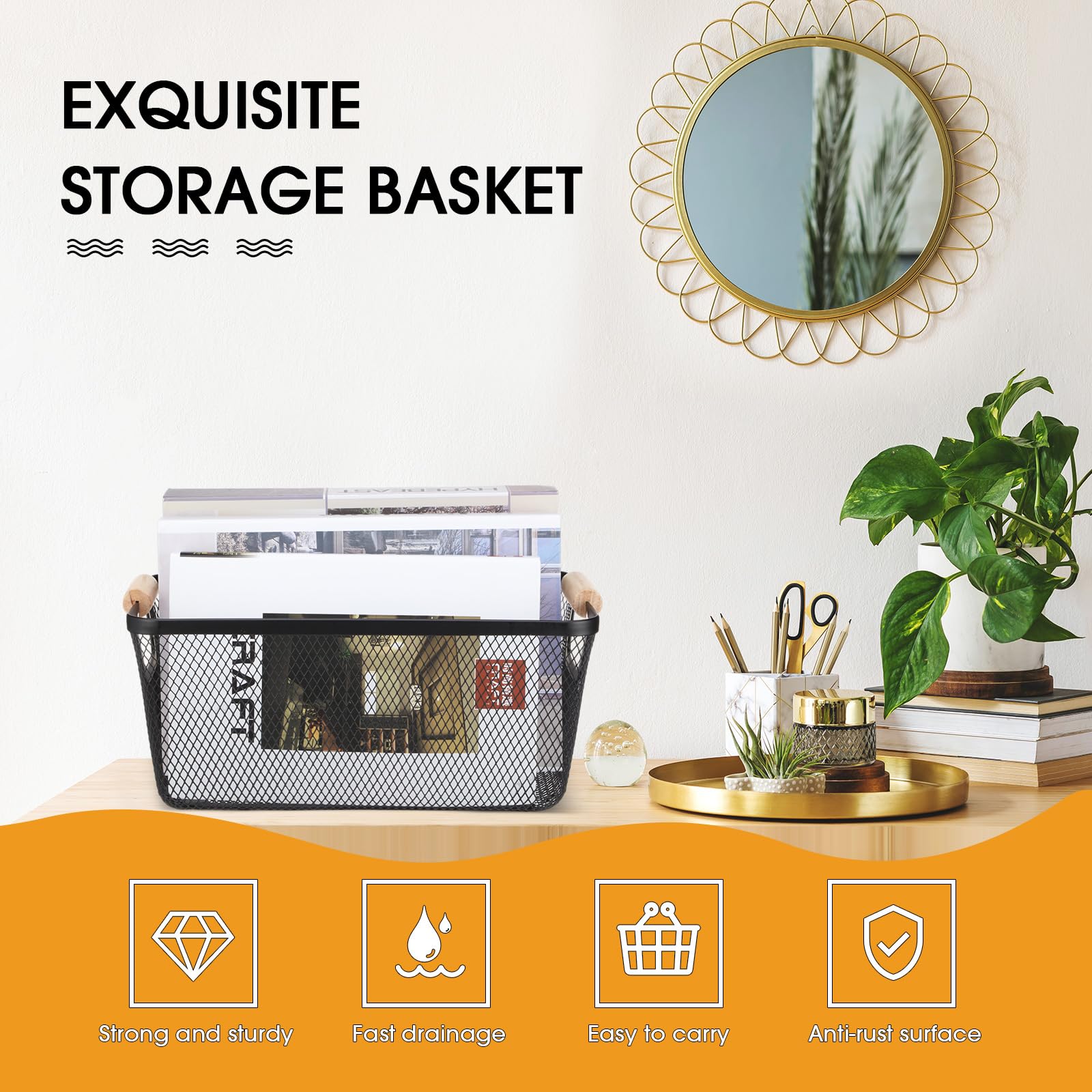 4-Piece Black Metal Wire Baskets with Wooden Handles - Rustic Steel Mesh Storage Organizers for Kitchen, Pantry, Closet & Refrigerator - Perfect for Organizing Fruits, Snacks, Makeup & Gifts (Medium Size) | Home Organization Solution for Cabinet & Countertop Storage