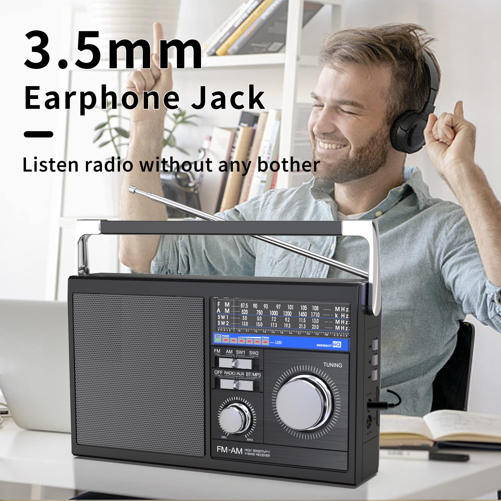 Portable AM FM Radio with Bluetooth - Retro Transistor Radio with SW Band, Best Reception, Battery or AC Power, Bluetooth Speaker, Earphone Jack, USB/TF/AUX Input - Perfect for Seniors, Home, Office, Travel & Emergency Use (Black)
