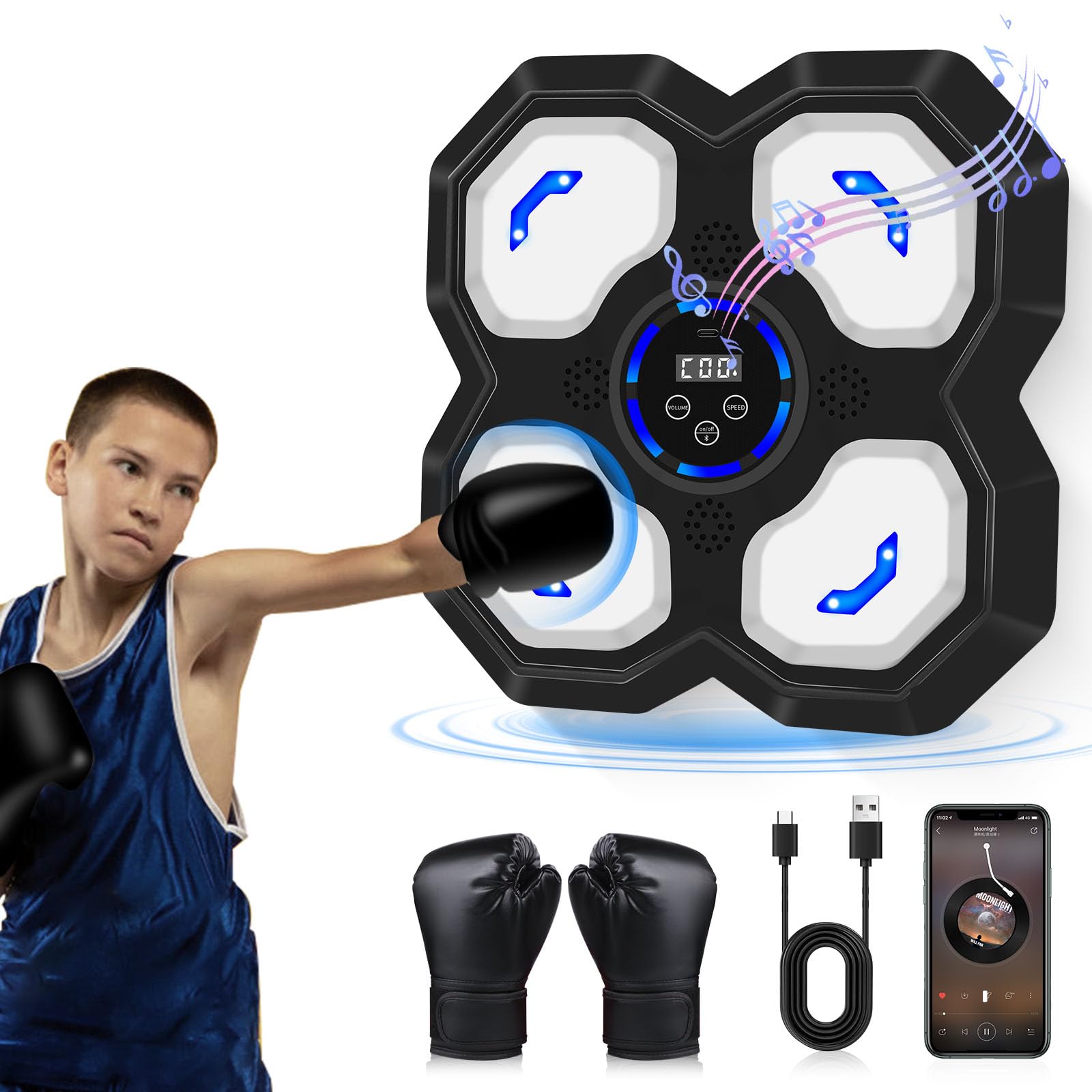 Music Boxing Machine for Kids, Teens & Adults - Boxing Trainer Equipment with Gloves | Wall-Mounted LED Electronic Focus Training for Home, Office & Gym | Perfect for Fitness, Stress Relief & Cardio Workouts