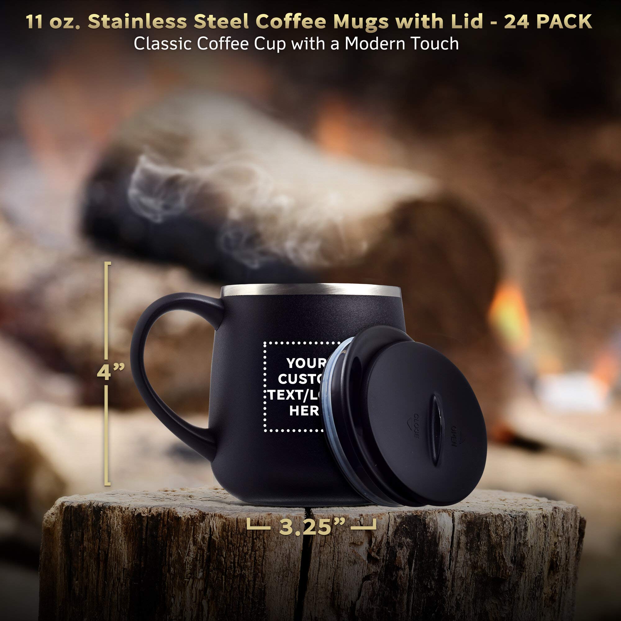 Custom 11 oz. Stainless Steel Coffee Mugs with Lid - 24 Pack Personalized Text/Logo - Black - Ideal for Corporate Gifts, Office Use & Promotional Events