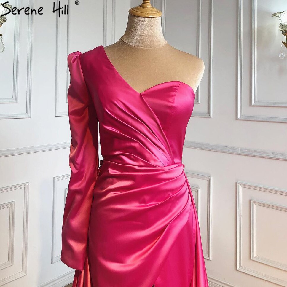 Serene Hill Rose Simple Satin Sexy Evening Dress Gown 2025 | One Shoulder A-Line High Slit Formal Gown for Women | Perfect for Cocktail Parties, Prom, Wedding Guest & Special Occasions