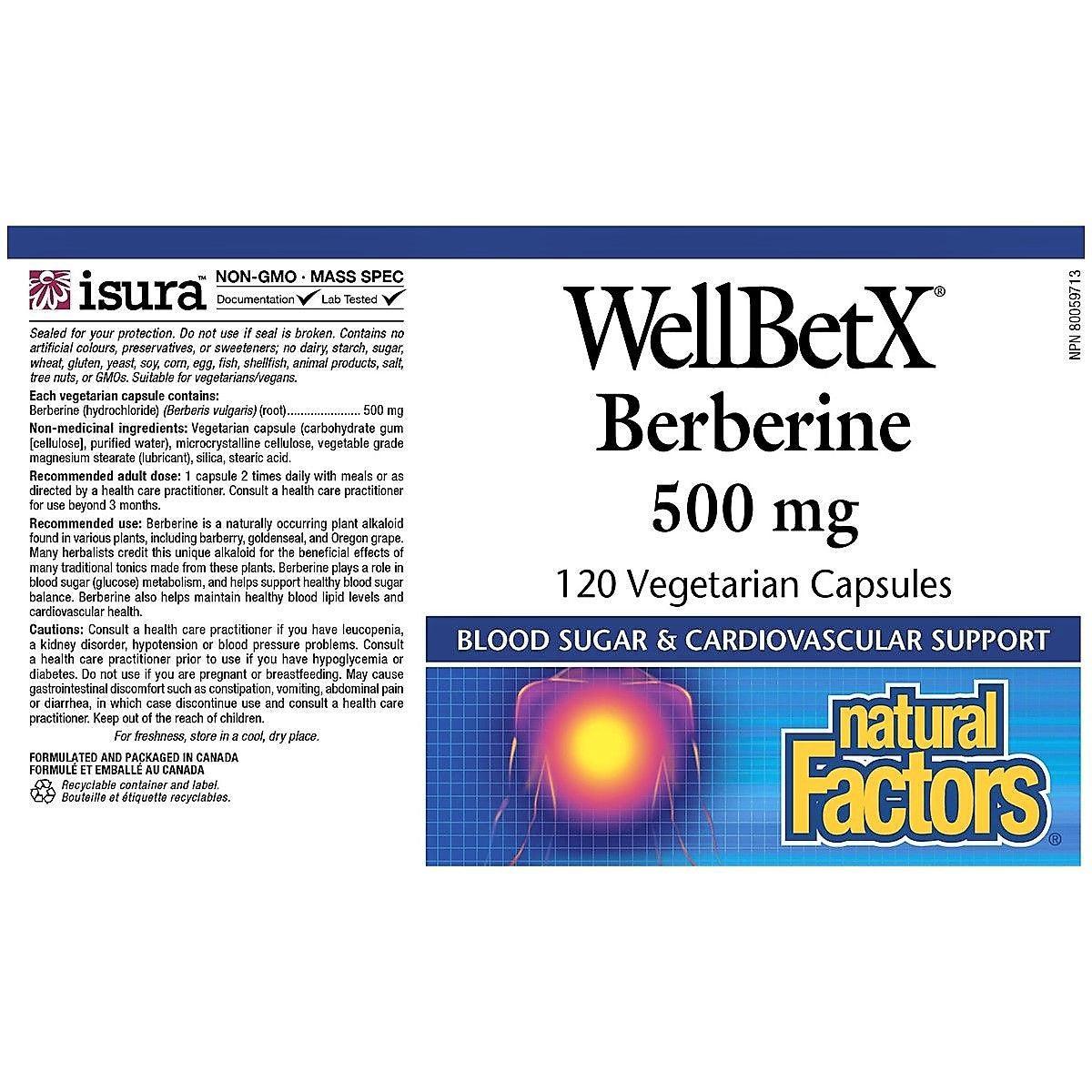 Natural Factors WellBetX Berberine 500mg - 120 Vegetarian Capsules for Blood Sugar Support & Digestive Health | Herbal Supplement for Glucose Metabolism & Gut Wellness
