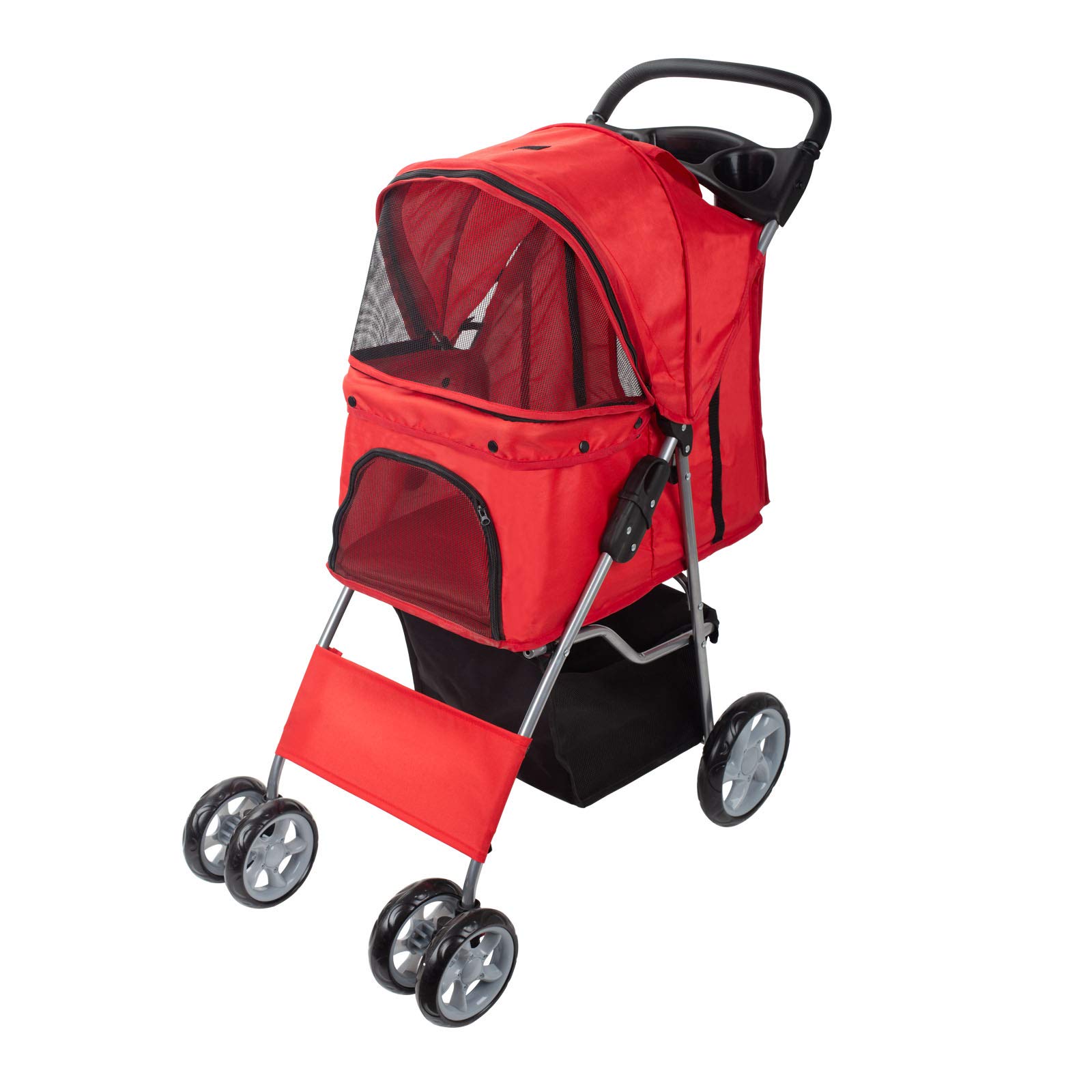 4-Wheel Folding Pet Stroller for Cats & Dogs - Lightweight Travel Carrier with Smooth Ride (Red) | Perfect for Jogging, Shopping & Outdoor Adventures