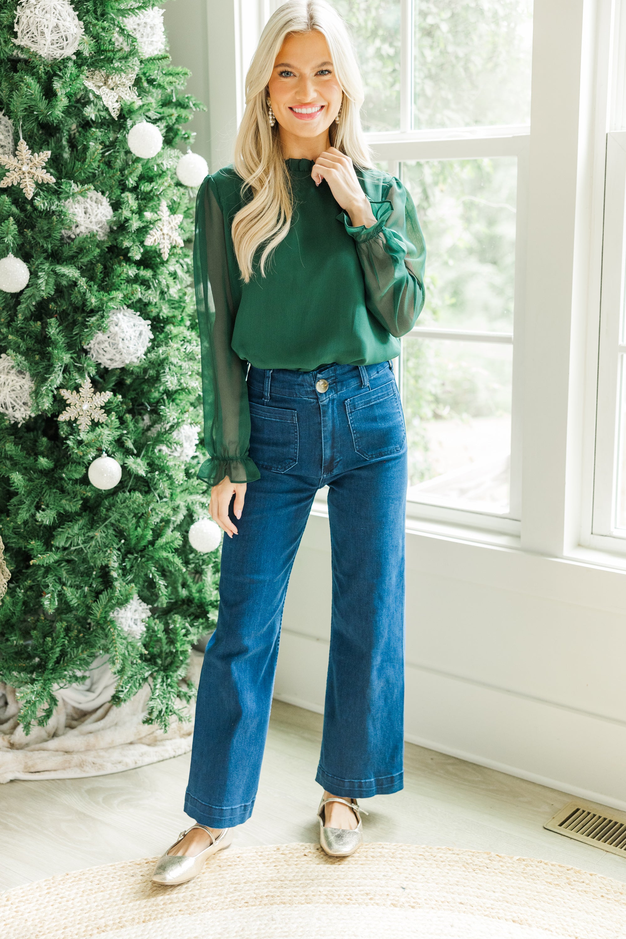 Dream Of The Day Emerald Green Blouse for Women | Elegant V-Neck Long Sleeve Tops | Perfect for Office Wear, Date Night & Special Occasions