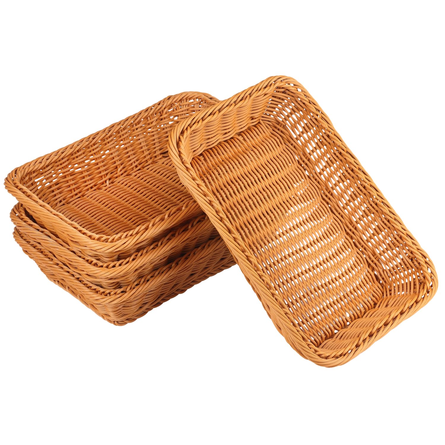 4-Piece 12 Inch Woven Wicker Bread Baskets Set - Natural Brown Rattan Serving Trays for Bread, Fruits, Vegetables & Snacks - Perfect for Restaurants, Bakeries, Family Parties & Hotels - Elegant Tabletop Display & Food Presentation