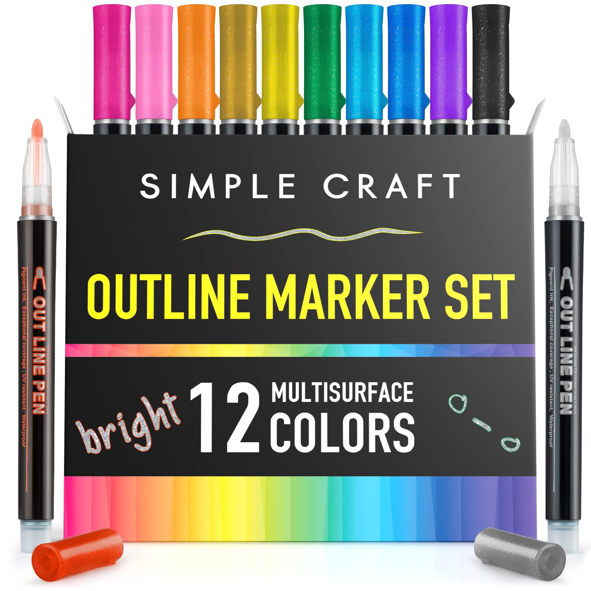 Double Line Outline Markers Set of 12 - Dual Tip Metallic Glitter Pens for Card Making, Scrapbooking, DIY Art Projects, Sketching & Doodle Drawing - Perfect for Gift Wrapping, Journaling, Bullet Notes & Creative Crafting