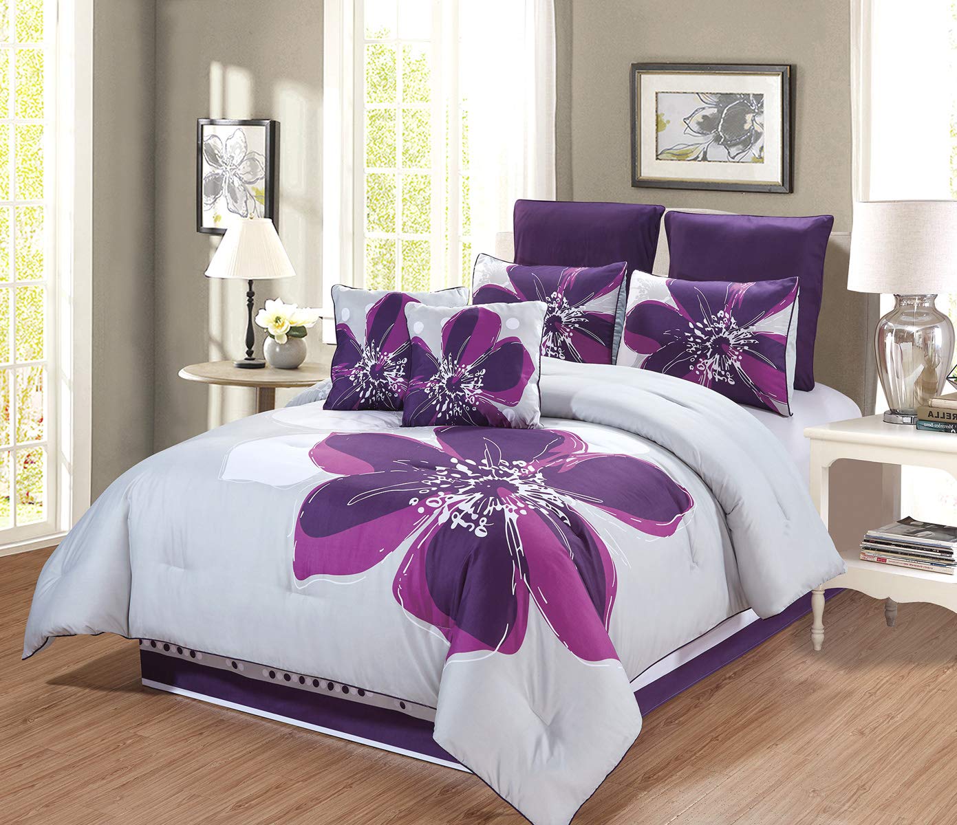 Premium 8-Piece King Size Floral Comforter Set - Grey, Purple & Dark Purple Linen Bedding with Decorative Pillows | Elegant Bedroom Decor for Master Suite & Guest Room