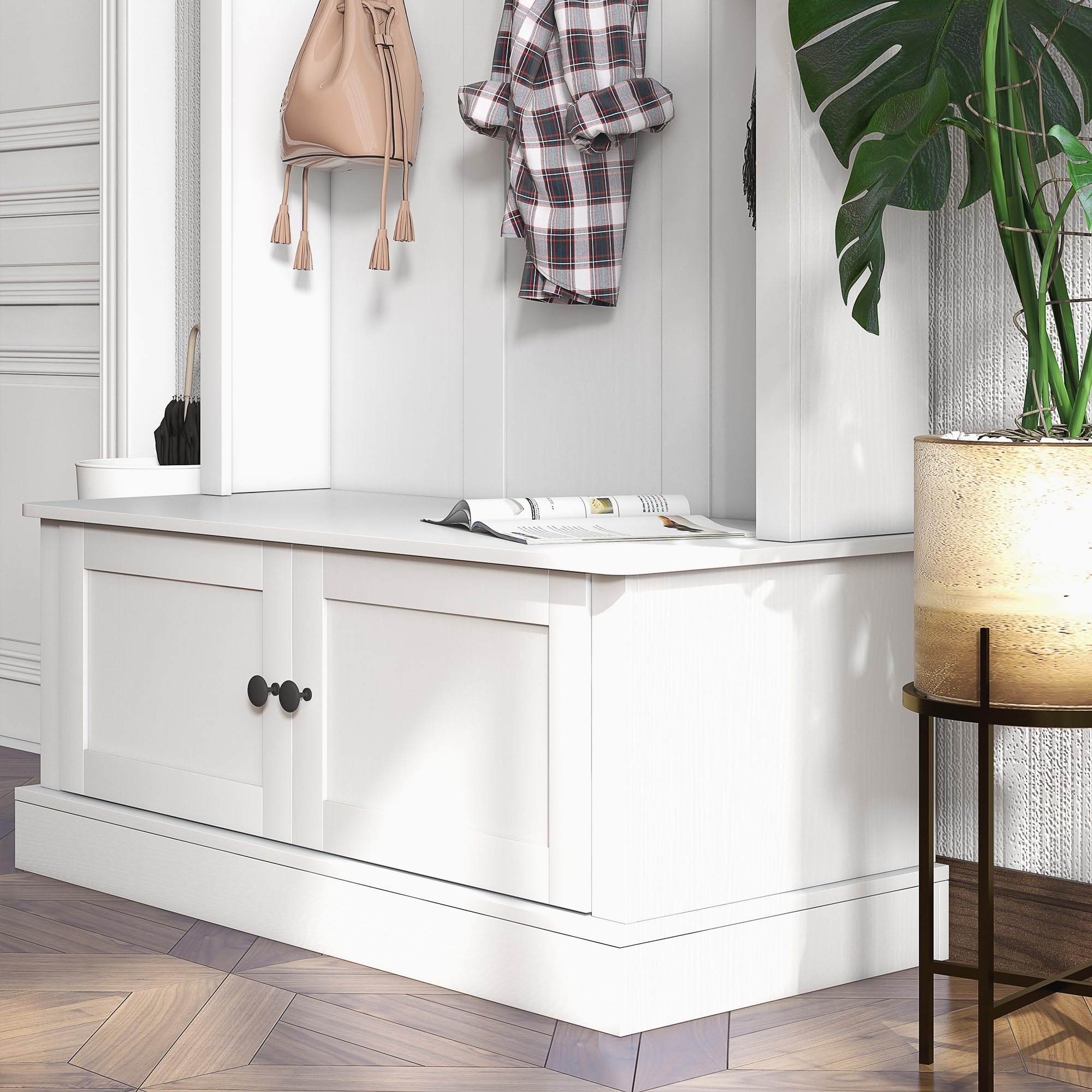 HOMCOM 42 Inch 3-in-1 Entryway Hall Tree with Storage Bench, Coat Rack with 6 Hooks, Shoe Organizer and Top Shelf - White | Perfect for Mudroom, Foyer & Entryway Organization