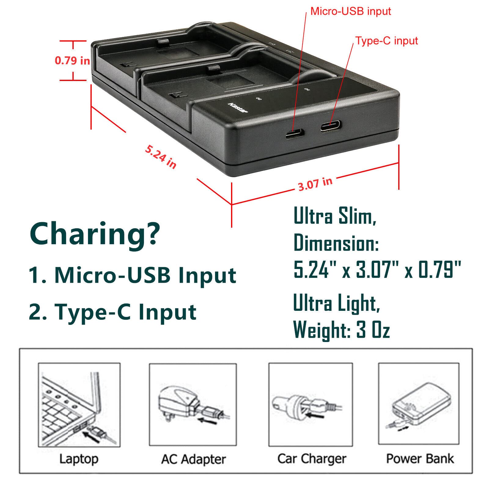 Kastar LTD2 USB Battery Charger for Leica BP-SCL2 (14499) & BC-SCL2 - Compatible with Leica M Typ 240, M240, M262 Cameras | Fast Charging, Portable Power Solution for Travel & Professional Photography