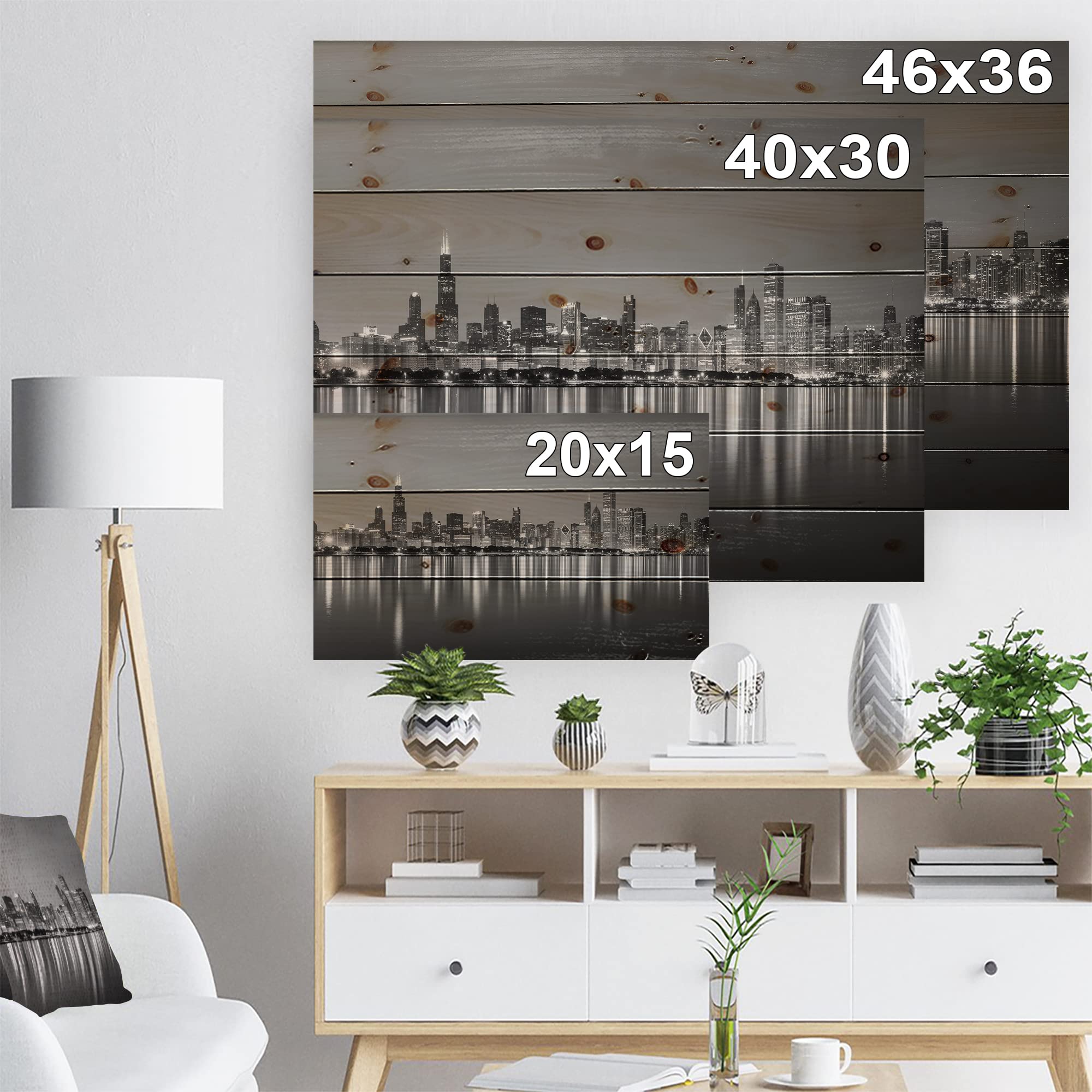 Chicago Skyline Night Black & White Industrial Wood Wall Art - Large Architecture Wood Panel Decor Printed on Natural Pine - Perfect for Living Room, Office & Modern Home Decor