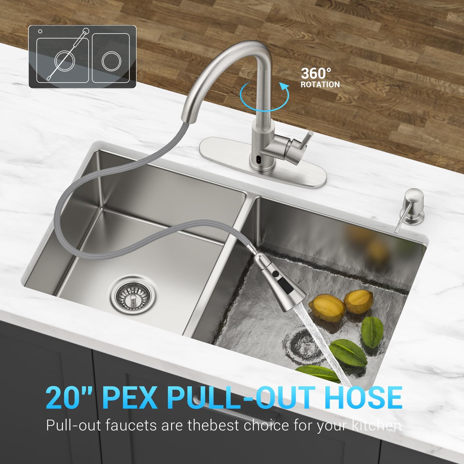 Hands-Free Touchless Kitchen Faucet with Pull-Down Sprayer & Soap Dispenser - Brushed Nickel Single Handle Sensor Faucet for 1 to 4 Hole Sinks - Ideal for Modern Kitchens, Busy Families & Hygienic Food Prep (Stainless Steel)