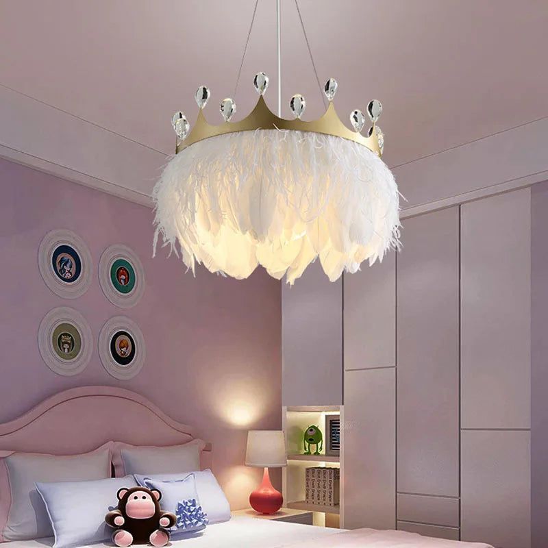 Crystal Pendant Light with White Feather Crown - Elegant Chandelier for Dining Room, Bedroom & Living Room Decor | Ethereal Lighting Fixture for Home & Wedding