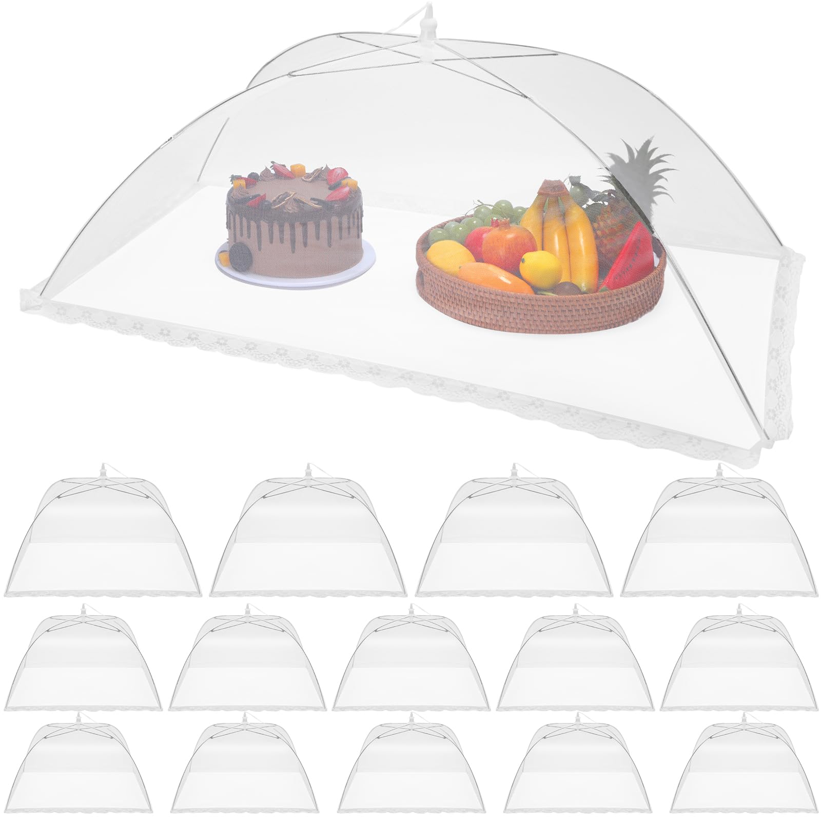 Tanlade 16-Piece Reusable Collapsible Pop-Up Mesh Food Cover Set - 2 Large 40x24 Inch, 4 Medium 17x17 Inch, 5 Small 14x14 Inch & 5 Mini 12x12 Inch Food Nets - Perfect for Outdoor Picnics, BBQs, Camping & Summer Parties (White)