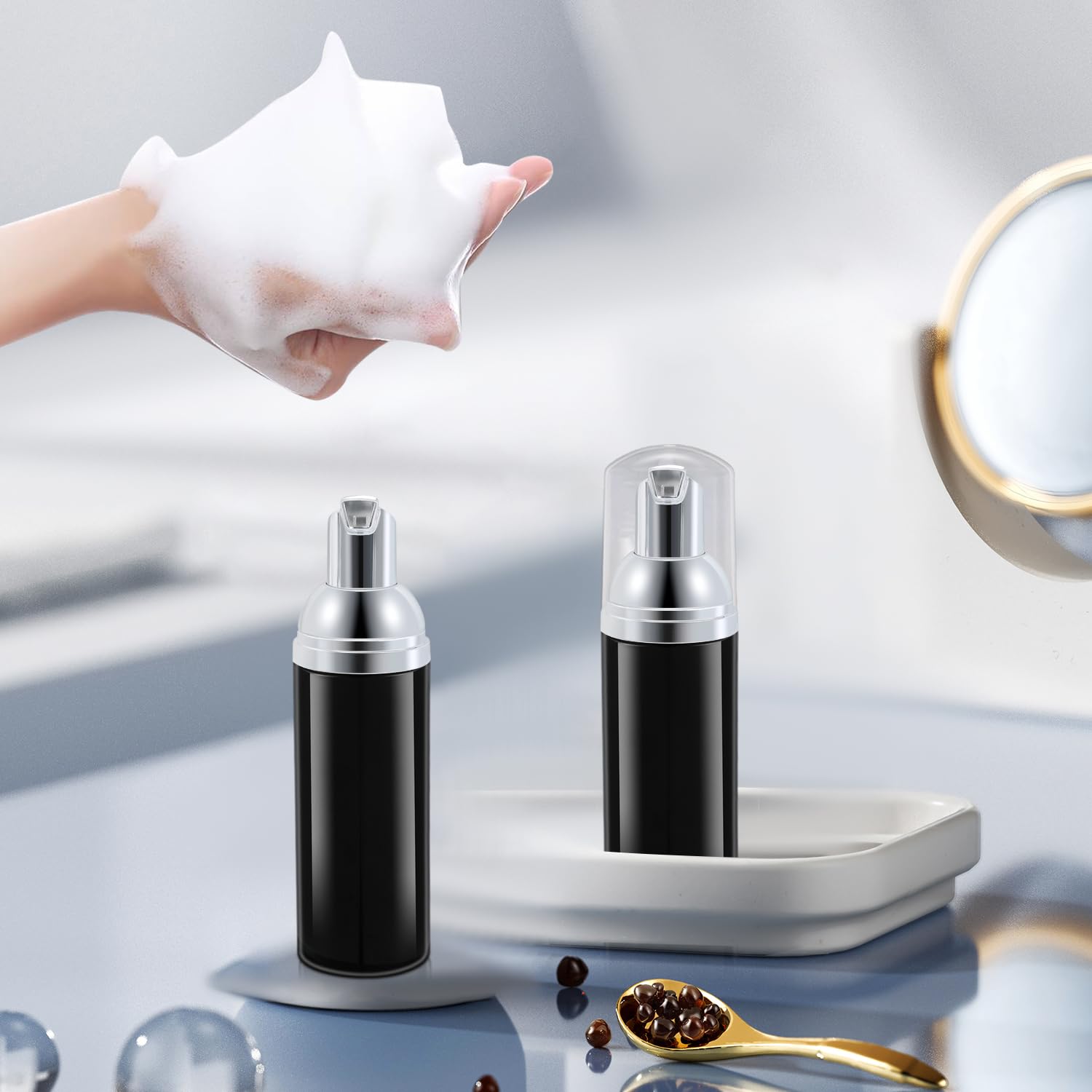 12 Pcs 2 oz Empty Foam Pump Bottles - Mini Travel Foaming Soap Dispenser for Hand Soap, Lash Cleanser & Shampoo (Black + Silver Pump) - Perfect for Travel, Home & Salon Use