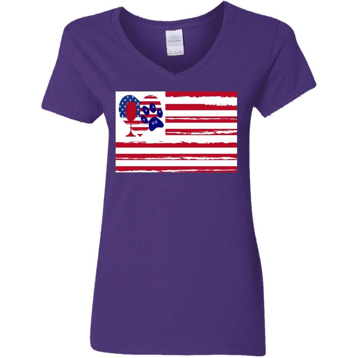 American Flag Wine Paw Heart V-Neck T-Shirt for Women - 5.3 oz Soft Cotton Ladies Tee - Perfect for Patriotic Events, Wine Lovers & Pet Owners