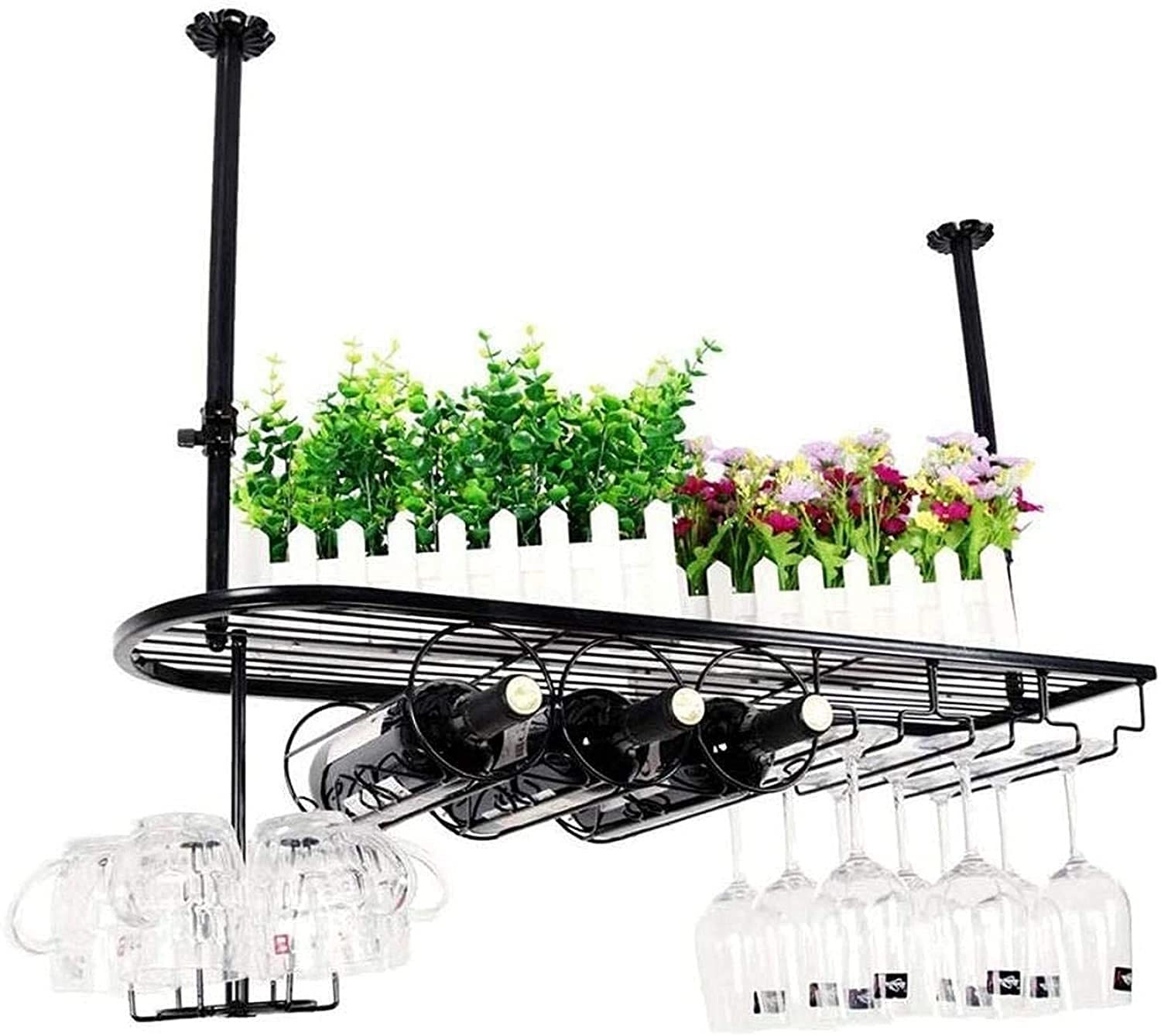 Vintage Metal Ceiling Wine Rack - Hanging Wine Glass Holder & Bottle Storage Shelf for Stemware Goblets | Bar, Kitchen & Home Decor (Black) | Perfect for Wine Cellars, Dining Rooms & Entertaining Spaces