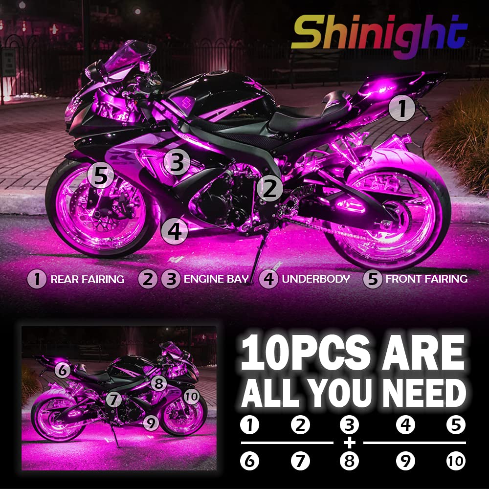 Motorcycle LED Light Strip Kit - 10Pcs RGB Neon Accent Glow Lights with Wireless Remote, Waterproof Flexible LED Lights for Harley, Honda, Kawasaki, Suzuki, Ducati, Polaris, KTM, BMW - Perfect for Night Riding & Bike Customization